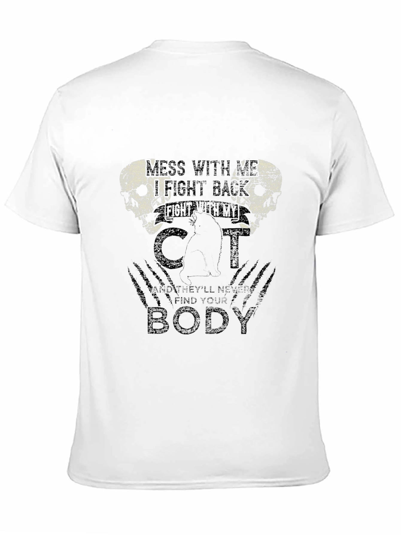 Mens Black T-Shirt with Cat & Skull Graphic
