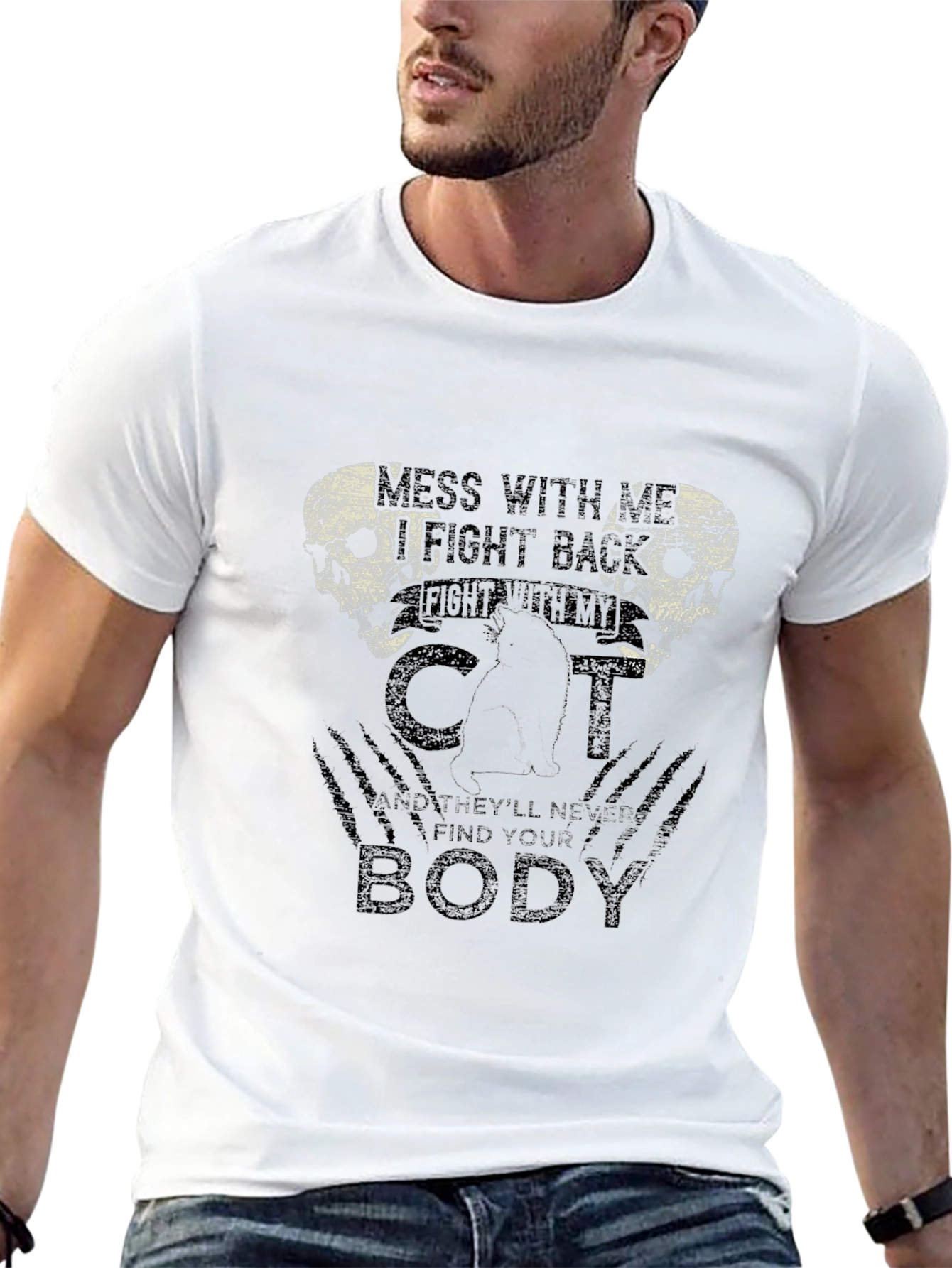 Mens Black T-Shirt with Cat & Skull Graphic
