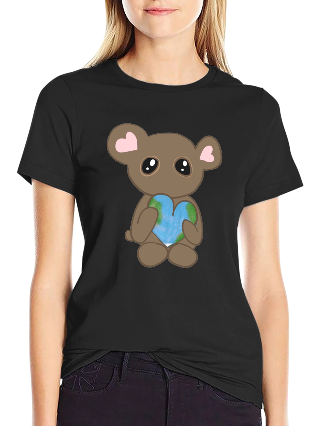 Cute Bear Holding Heart Earth Graphic T-Shirt