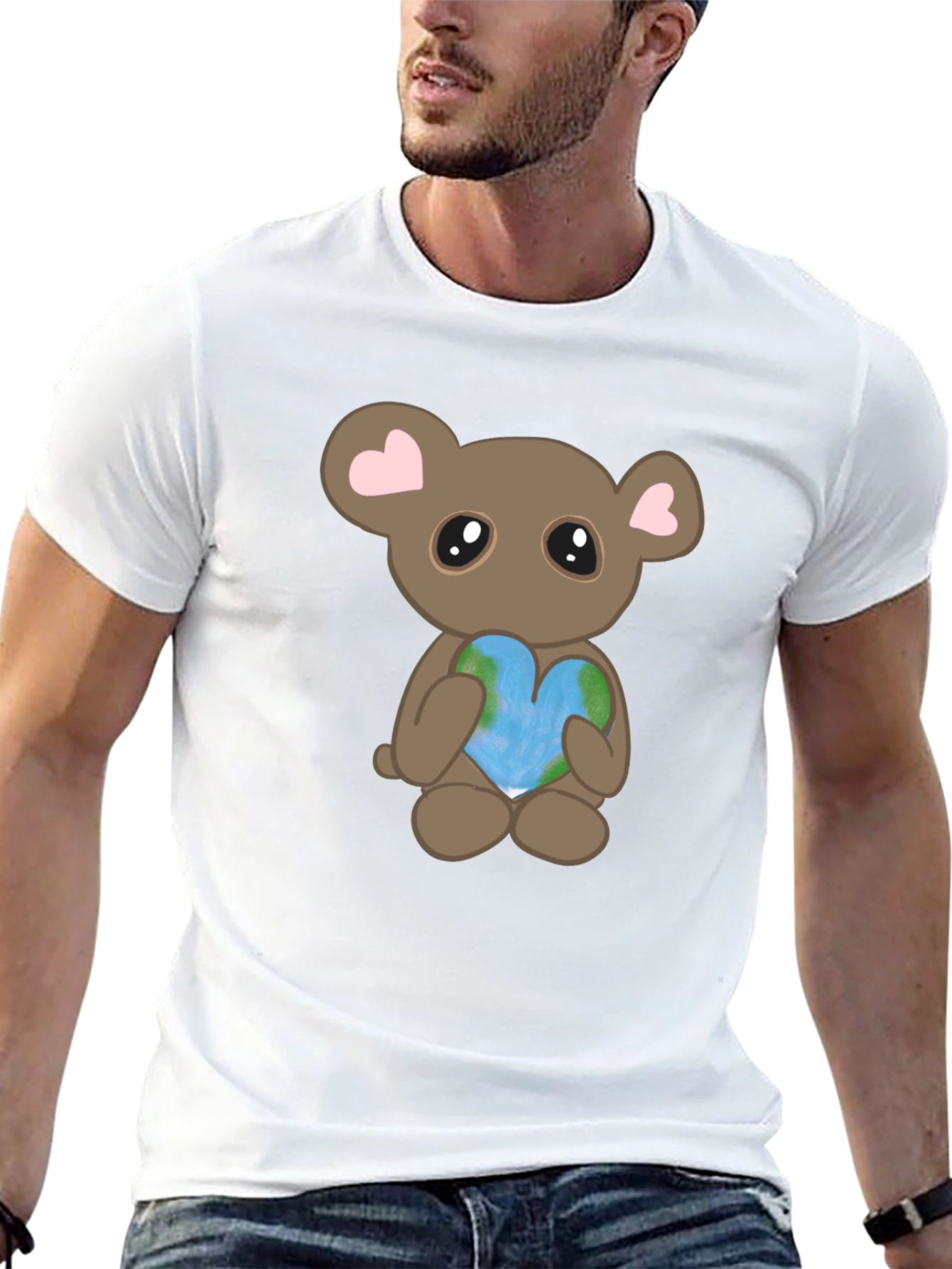 Cute Bear Holding Heart Earth Graphic T-Shirt