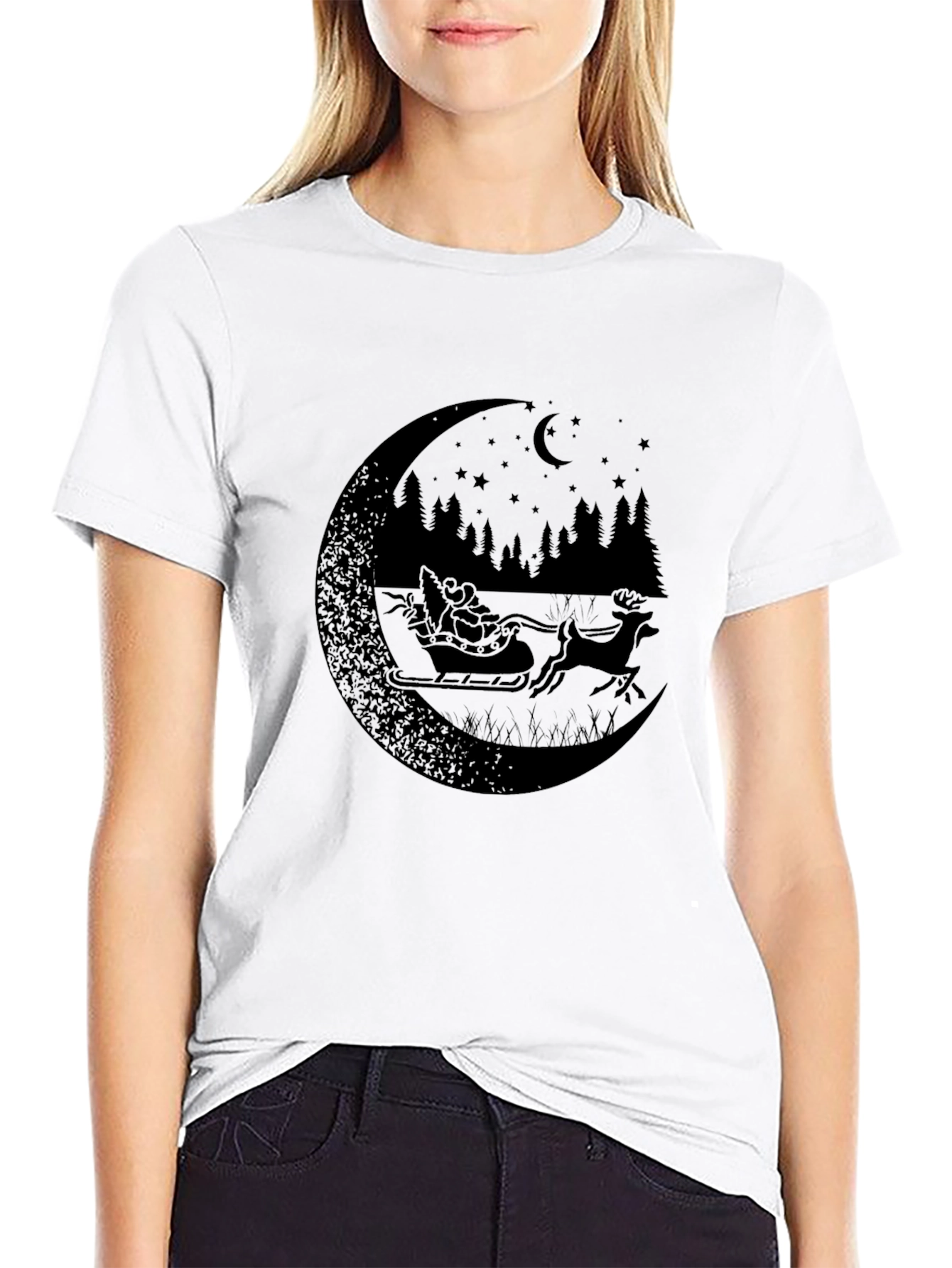 Santas Sleigh Moon Silhouette Graphic Tee