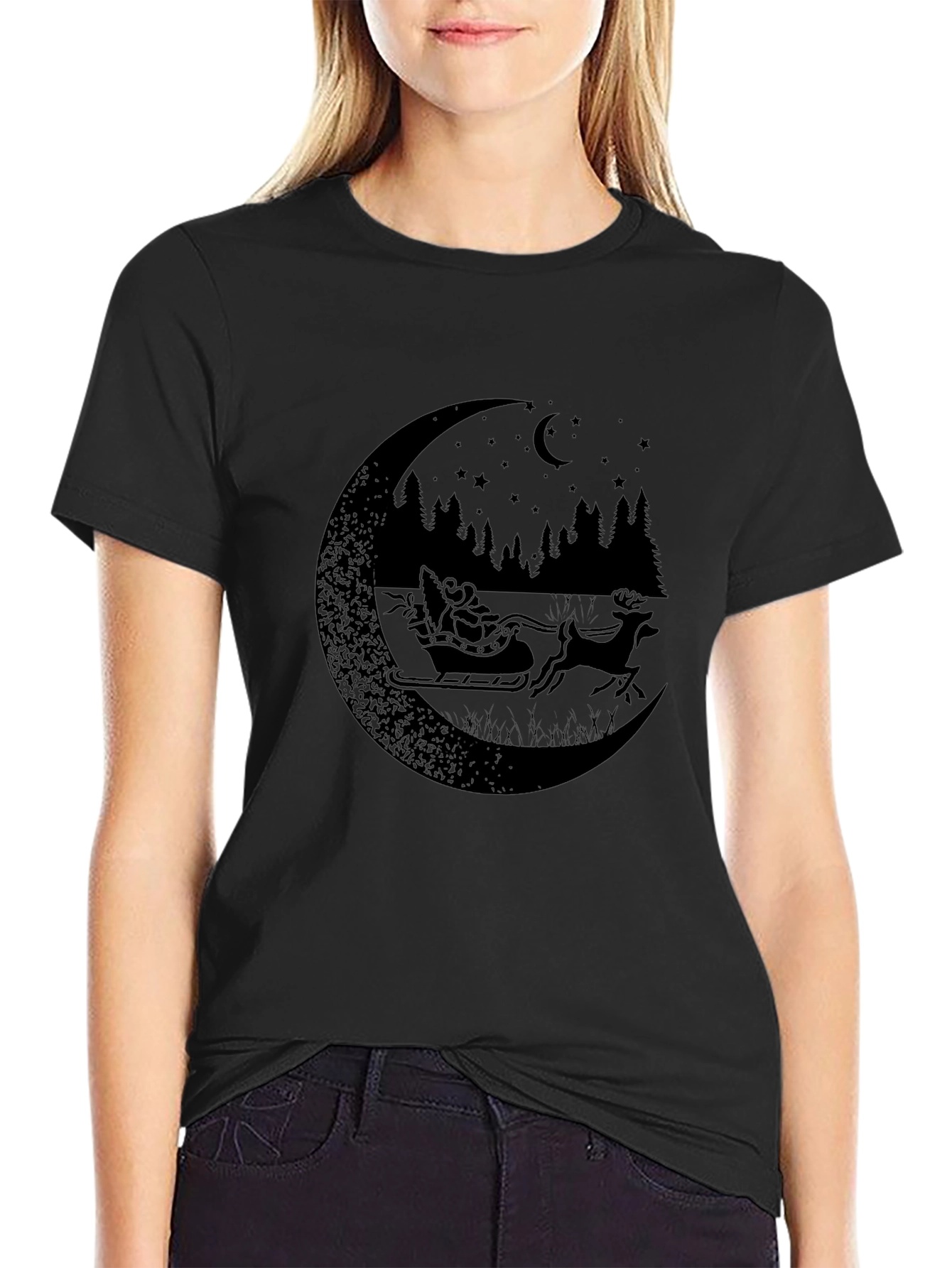 Santas Sleigh Moon Silhouette Graphic Tee