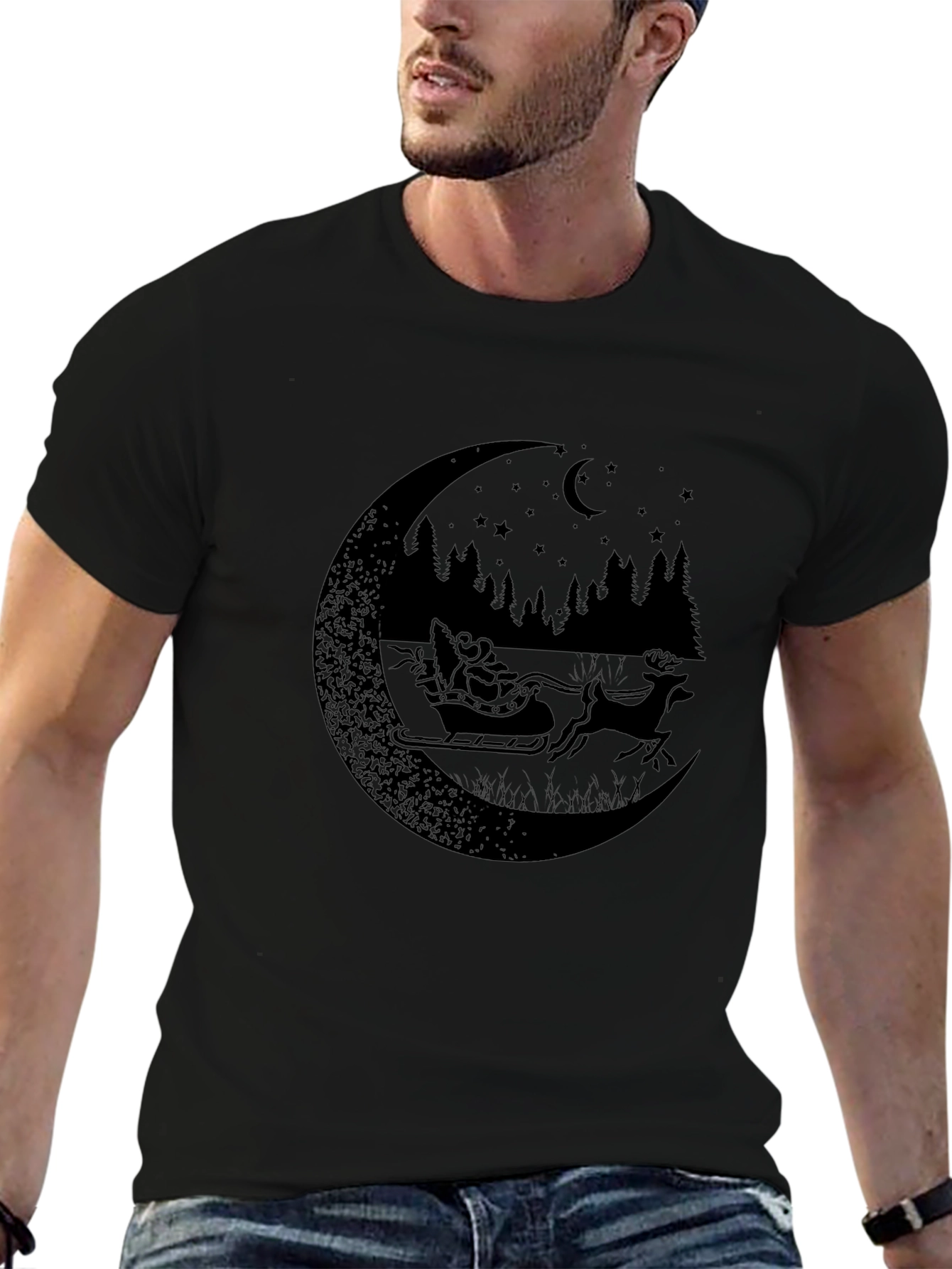 Santas Sleigh Moon Silhouette Graphic Tee