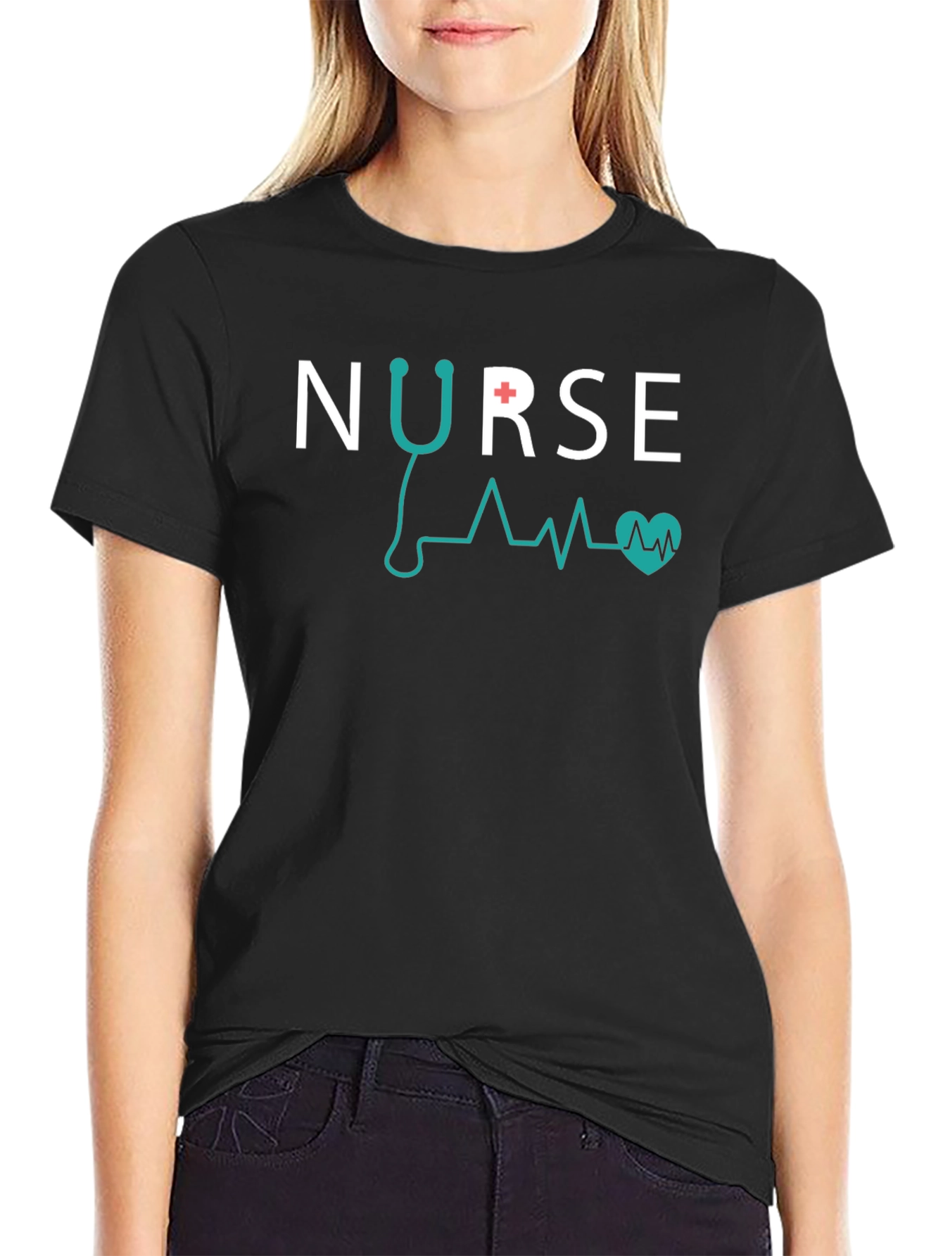 Nurse Stethoscope Heartbeat Graphic Tee - Black