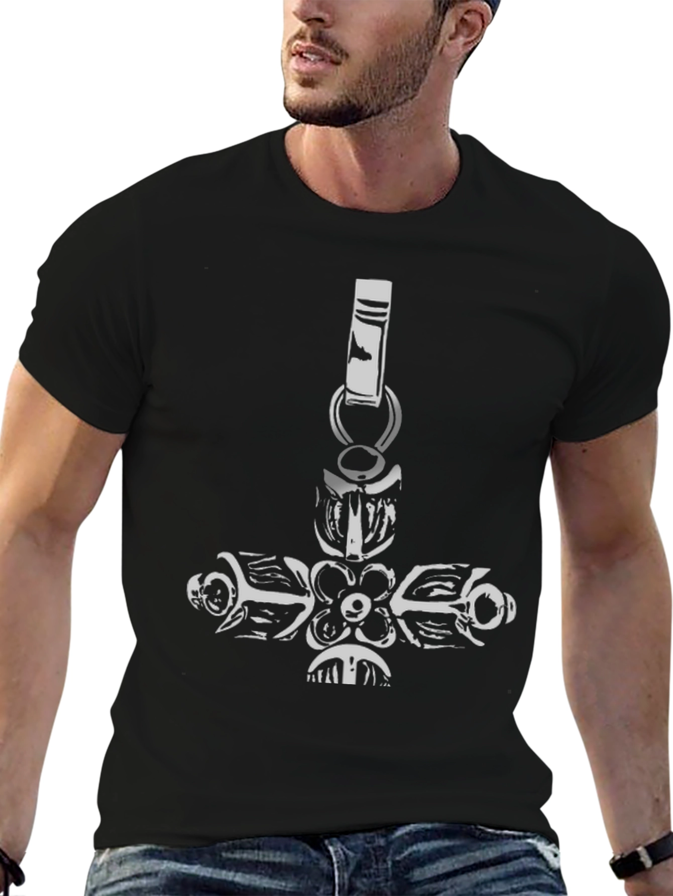 Black Tee with Ornate Cross Pendant Design