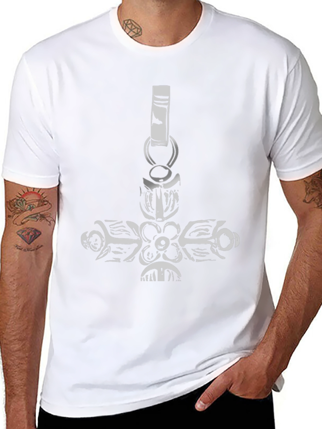 Black Tee with Ornate Cross Pendant Design