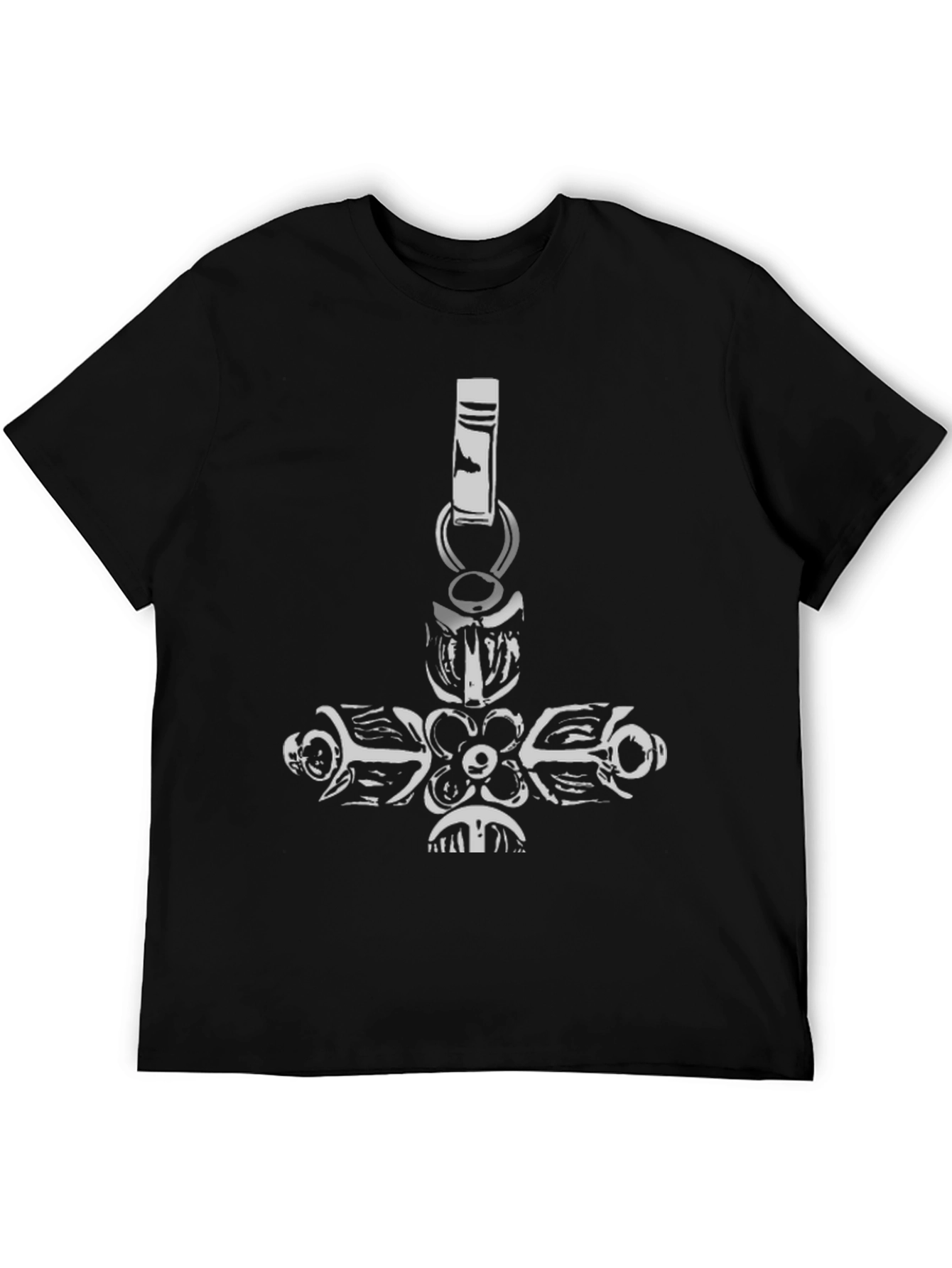 Black Tee with Ornate Cross Pendant Design