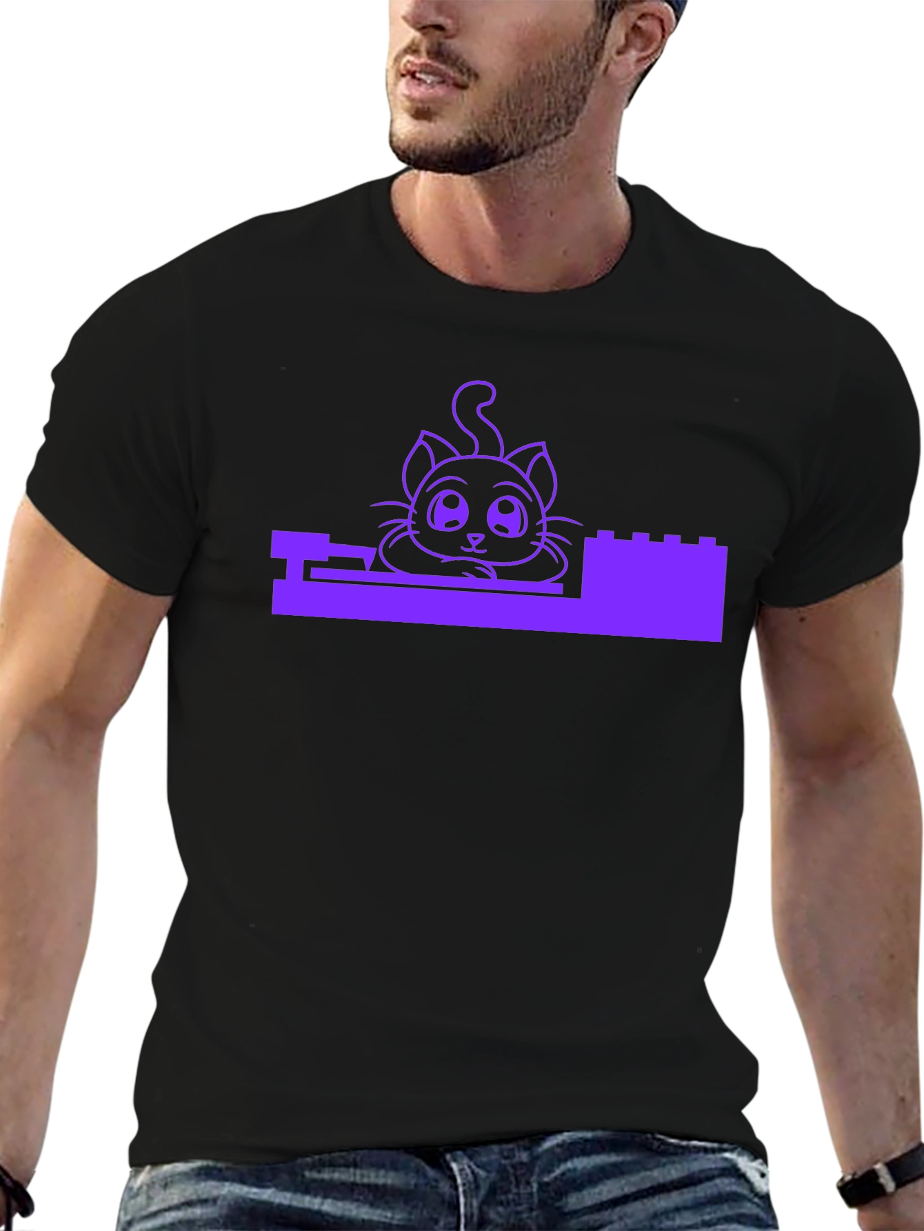 Cute Cat in Bricks Graphic Tee - Black