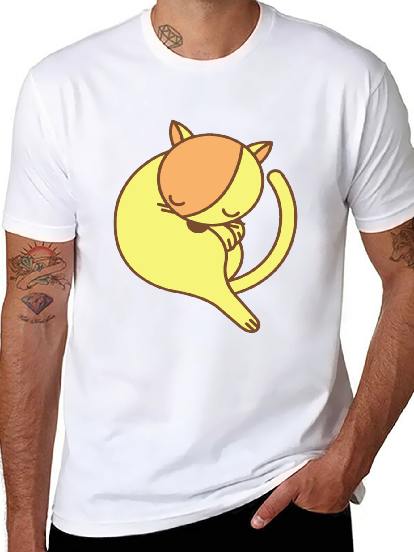 Cute Sleeping Cat Graphic Tee - Black Cotton T-Shirt