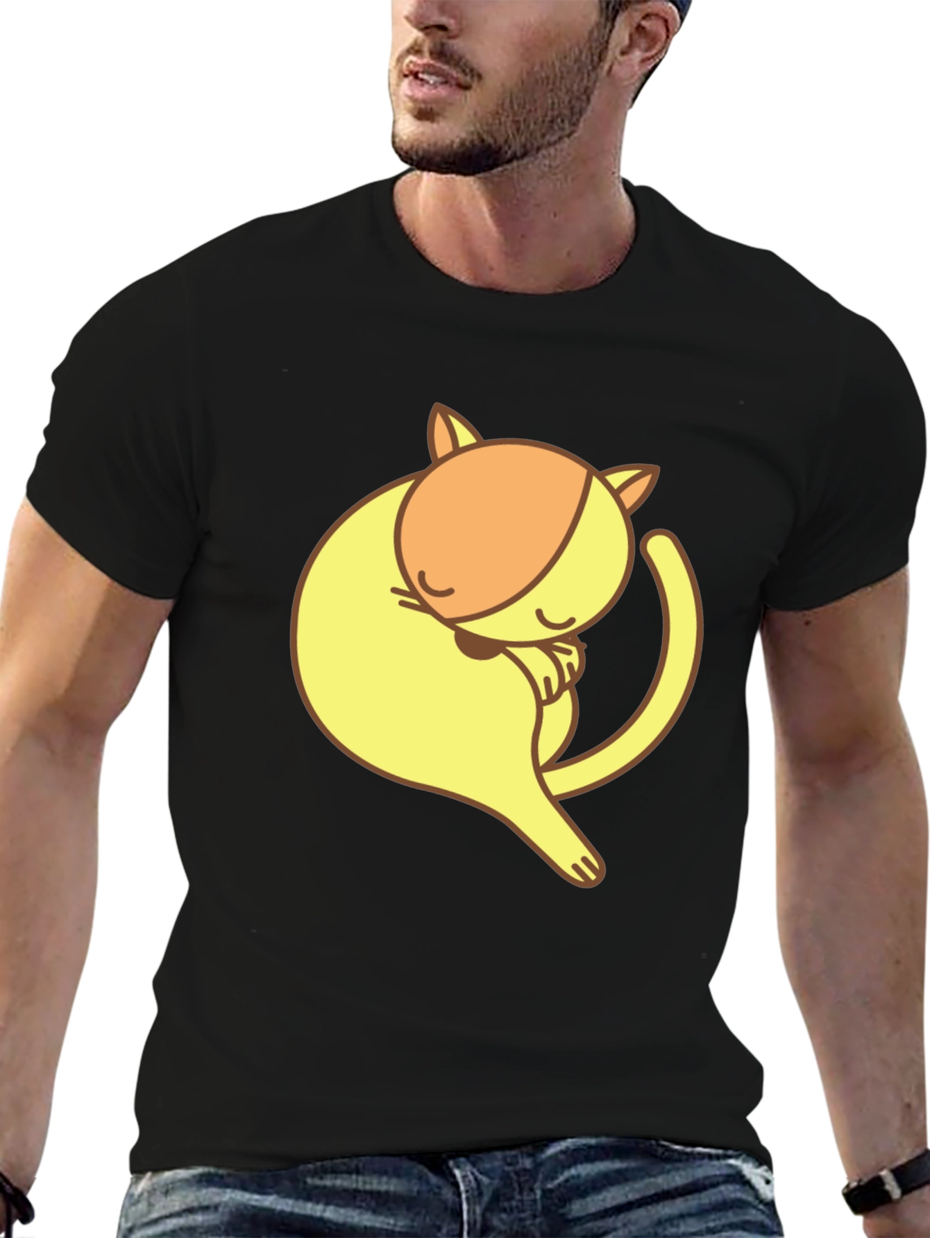 Cute Sleeping Cat Graphic Tee - Black Cotton T-Shirt