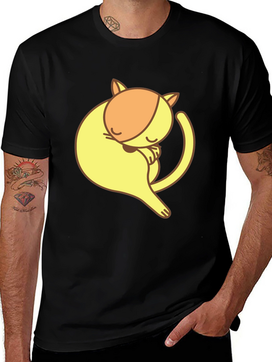 Cute Sleeping Cat Graphic Tee - Black Cotton T-Shirt
