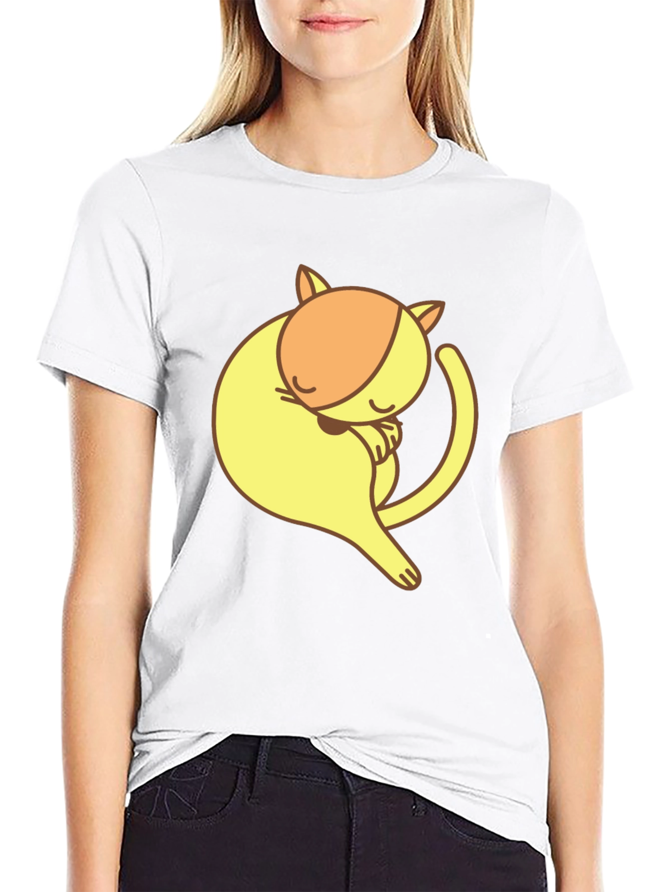 Cute Sleeping Cat Graphic Tee - Black Cotton T-Shirt