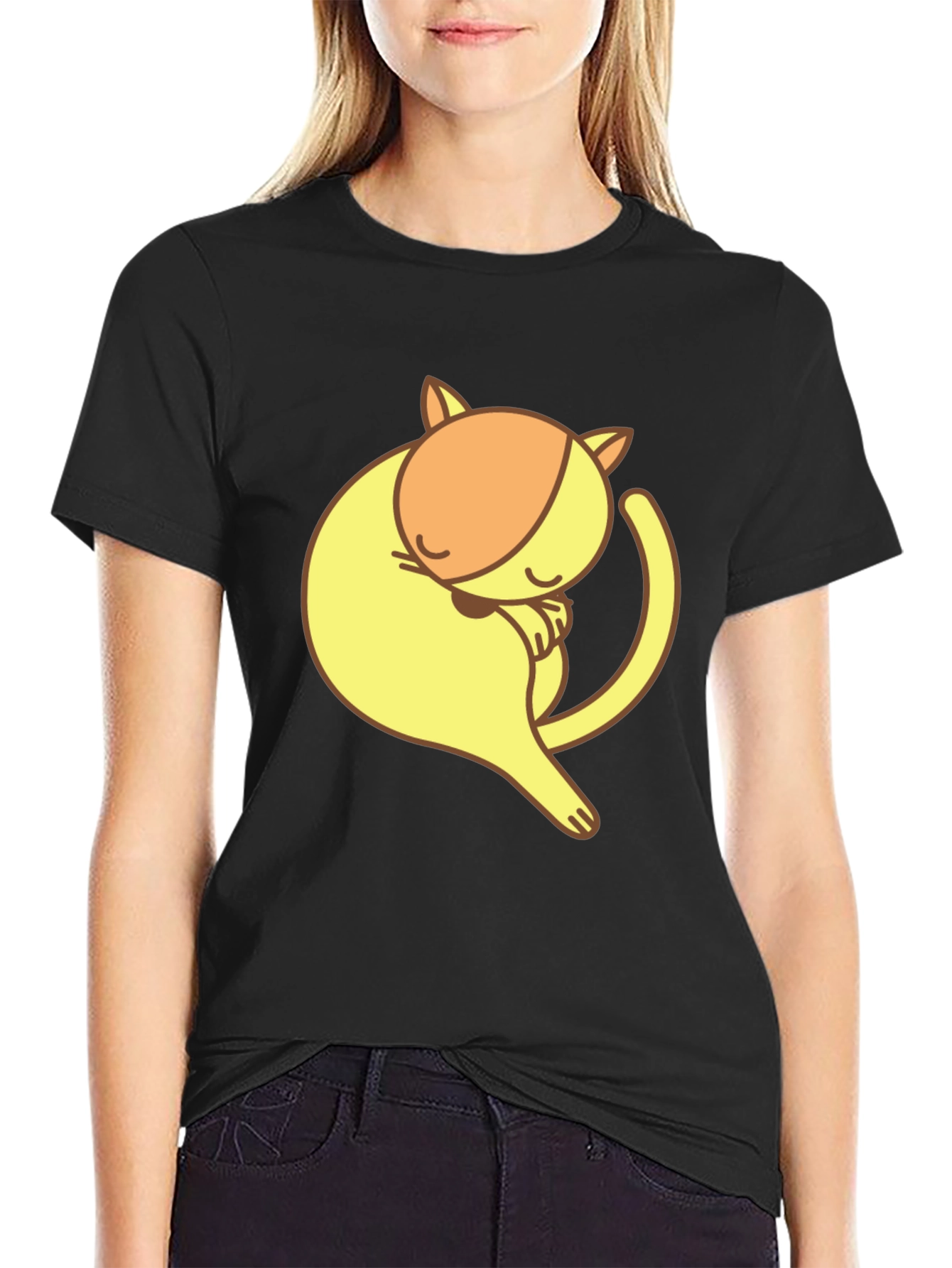 Cute Sleeping Cat Graphic Tee - Black Cotton T-Shirt