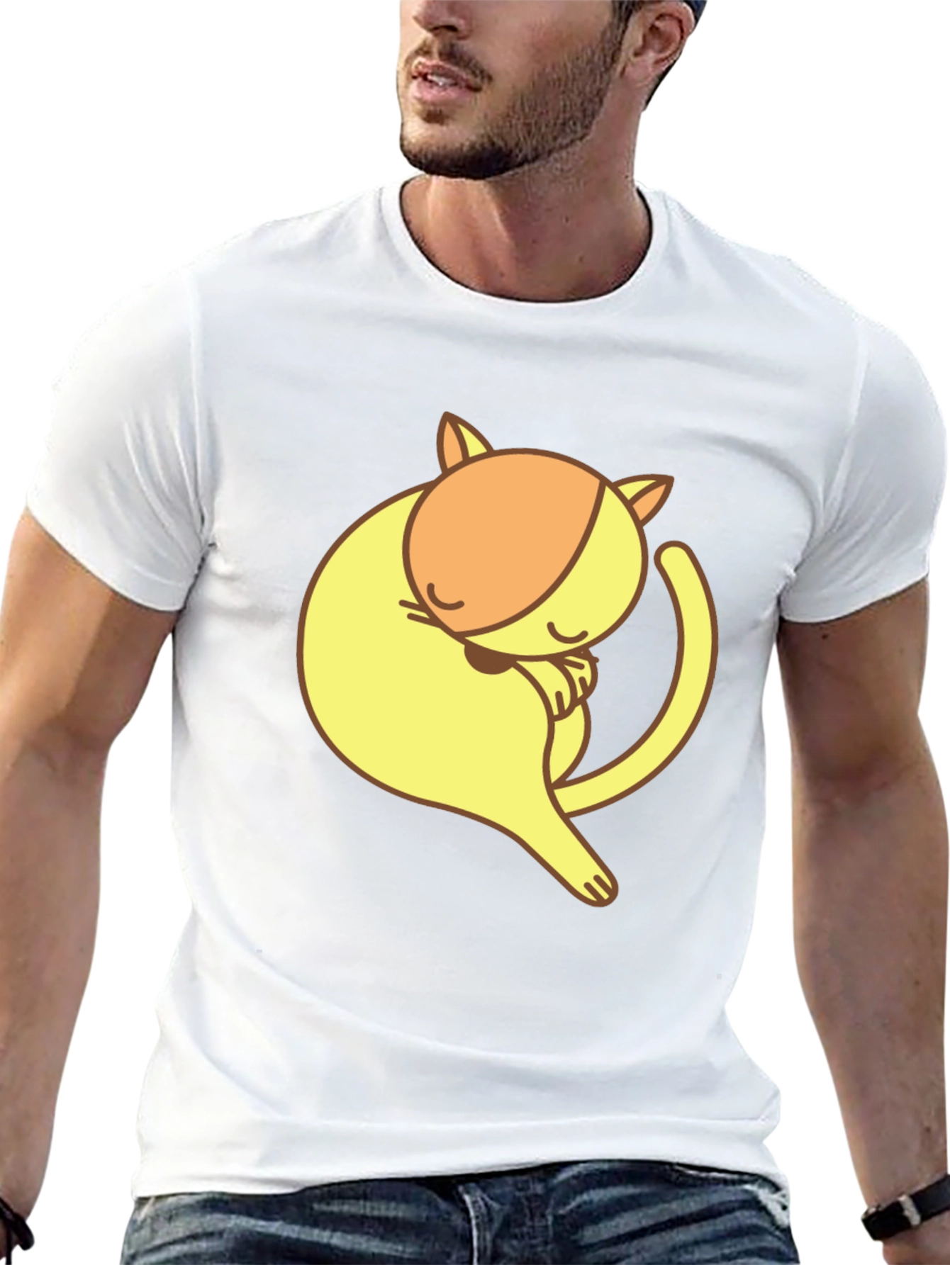 Cute Sleeping Cat Graphic Tee - Black Cotton T-Shirt