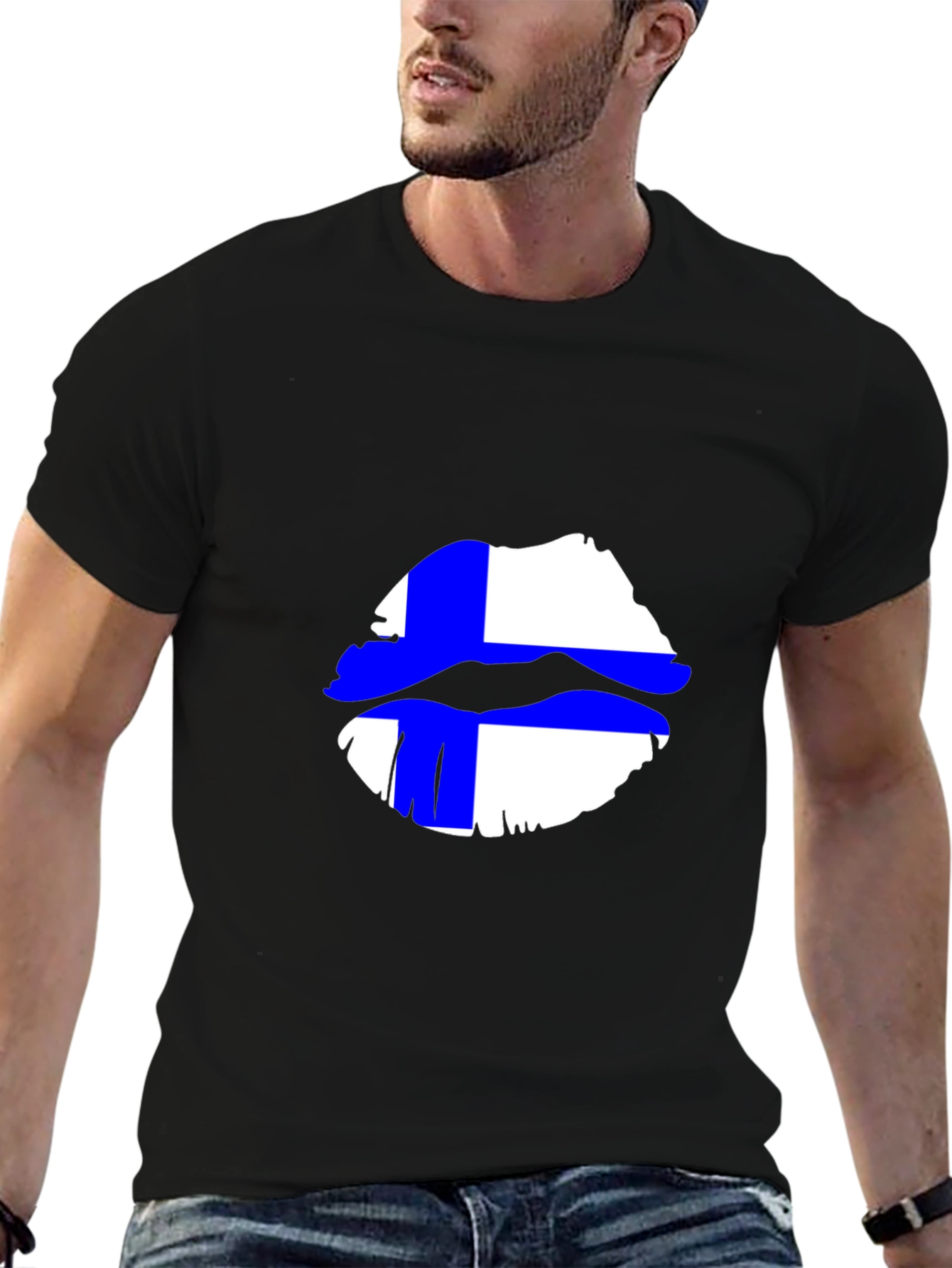 Finnish Flag Lips Graphic Black T-Shirt
