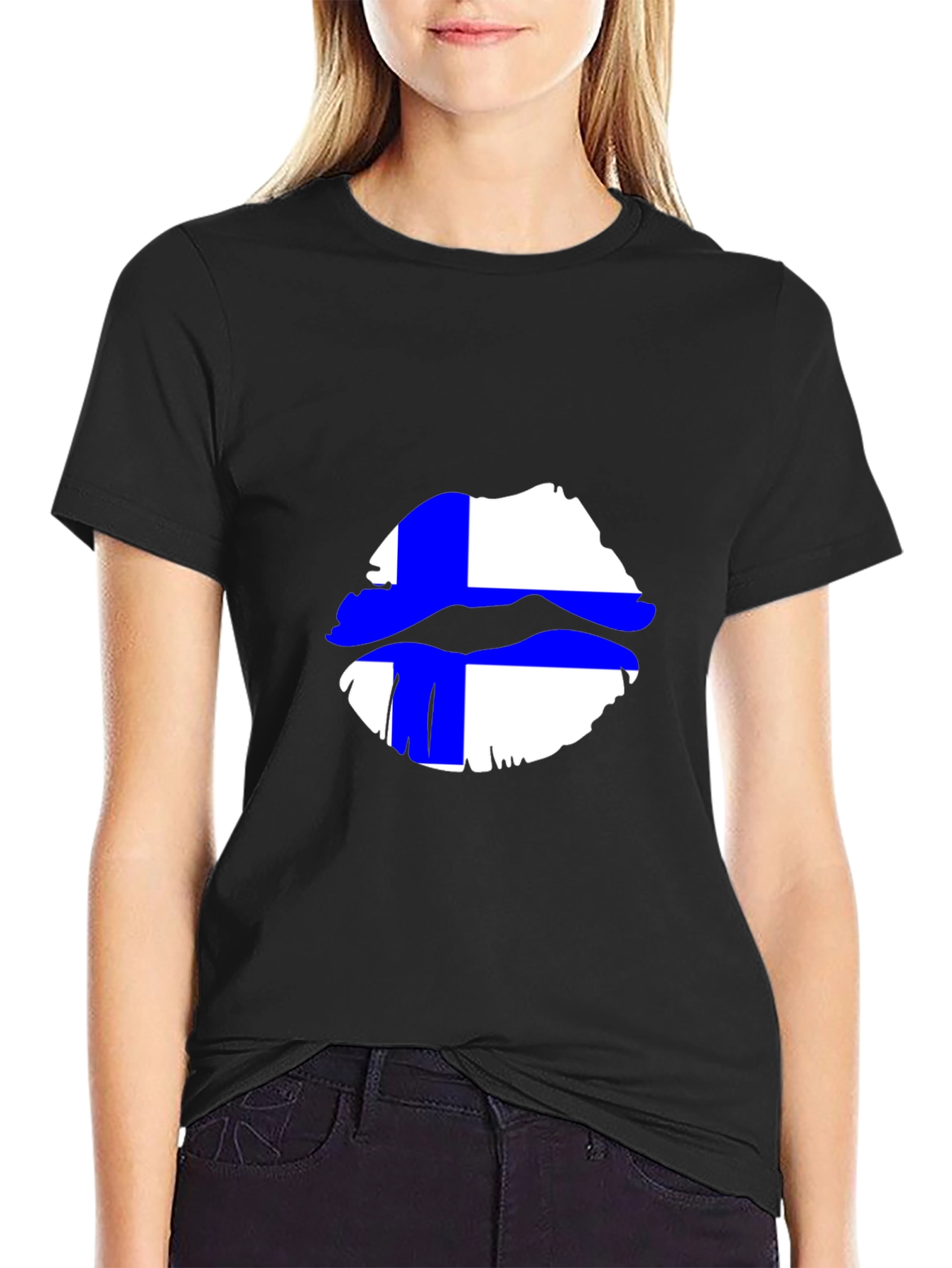 Finnish Flag Lips Graphic Black T-Shirt