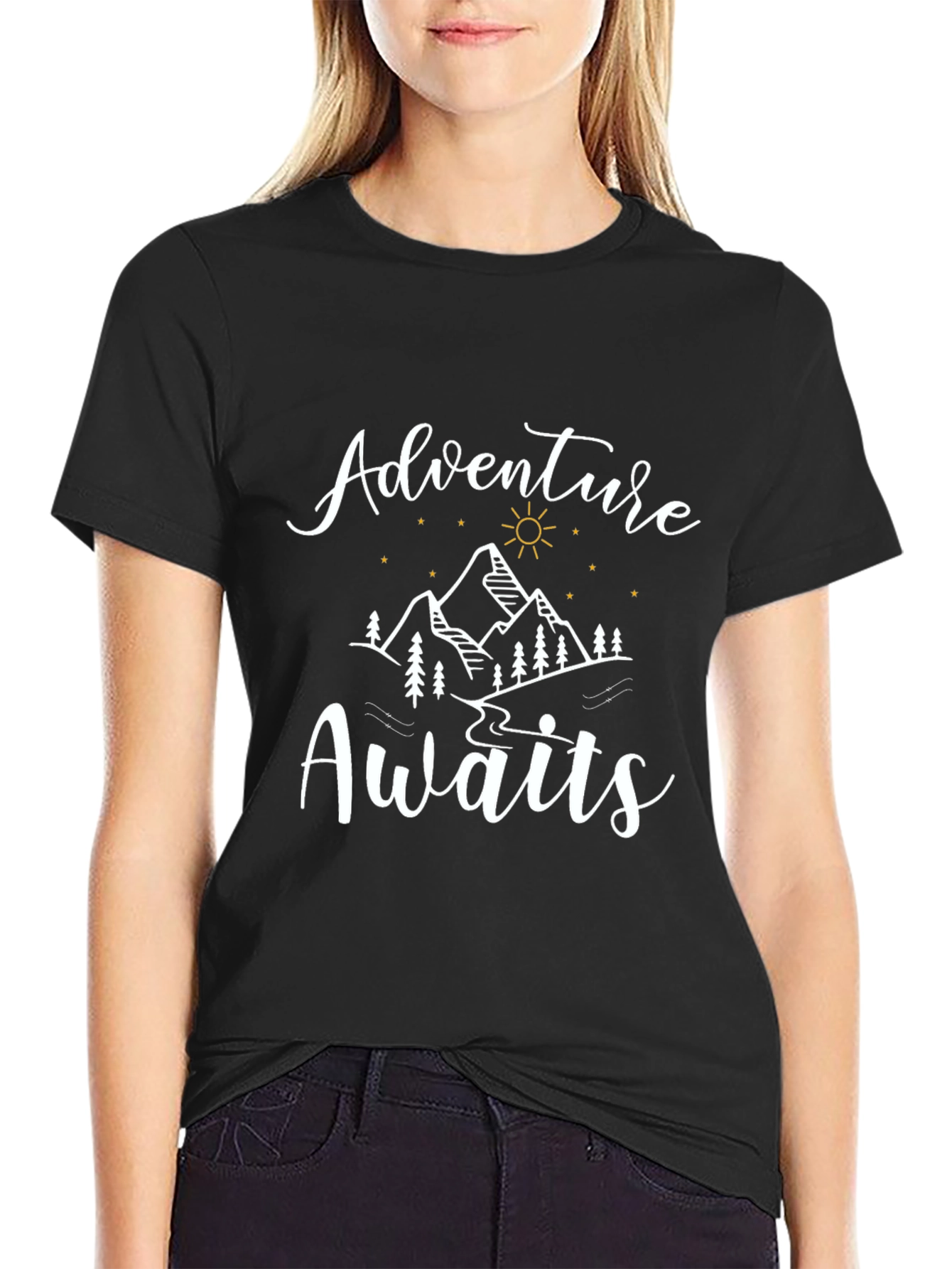 Adventure Awaits Graphic Tee - Black Crew Neck T-Shirt