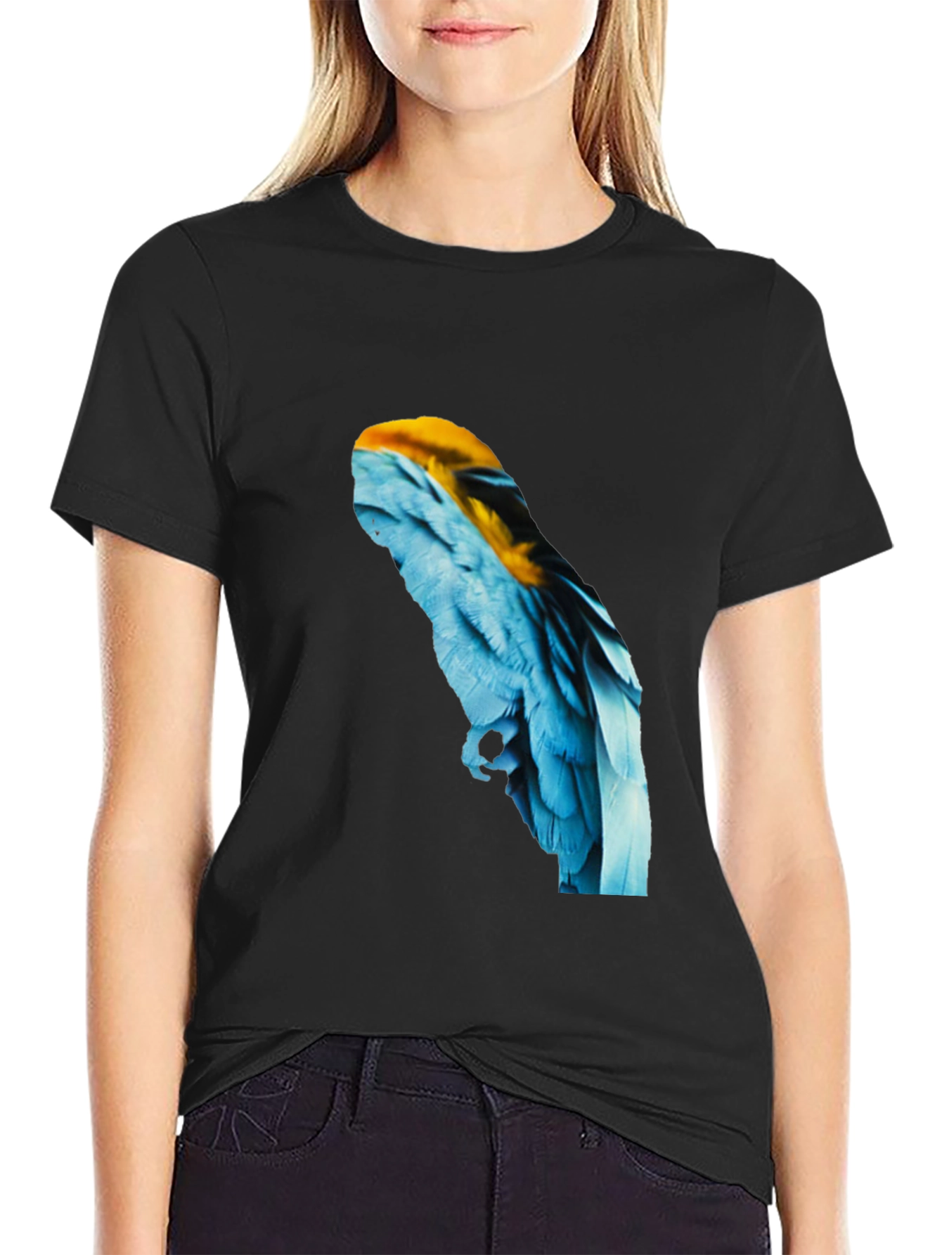 Macaw Feather Graphic Black T-Shirt