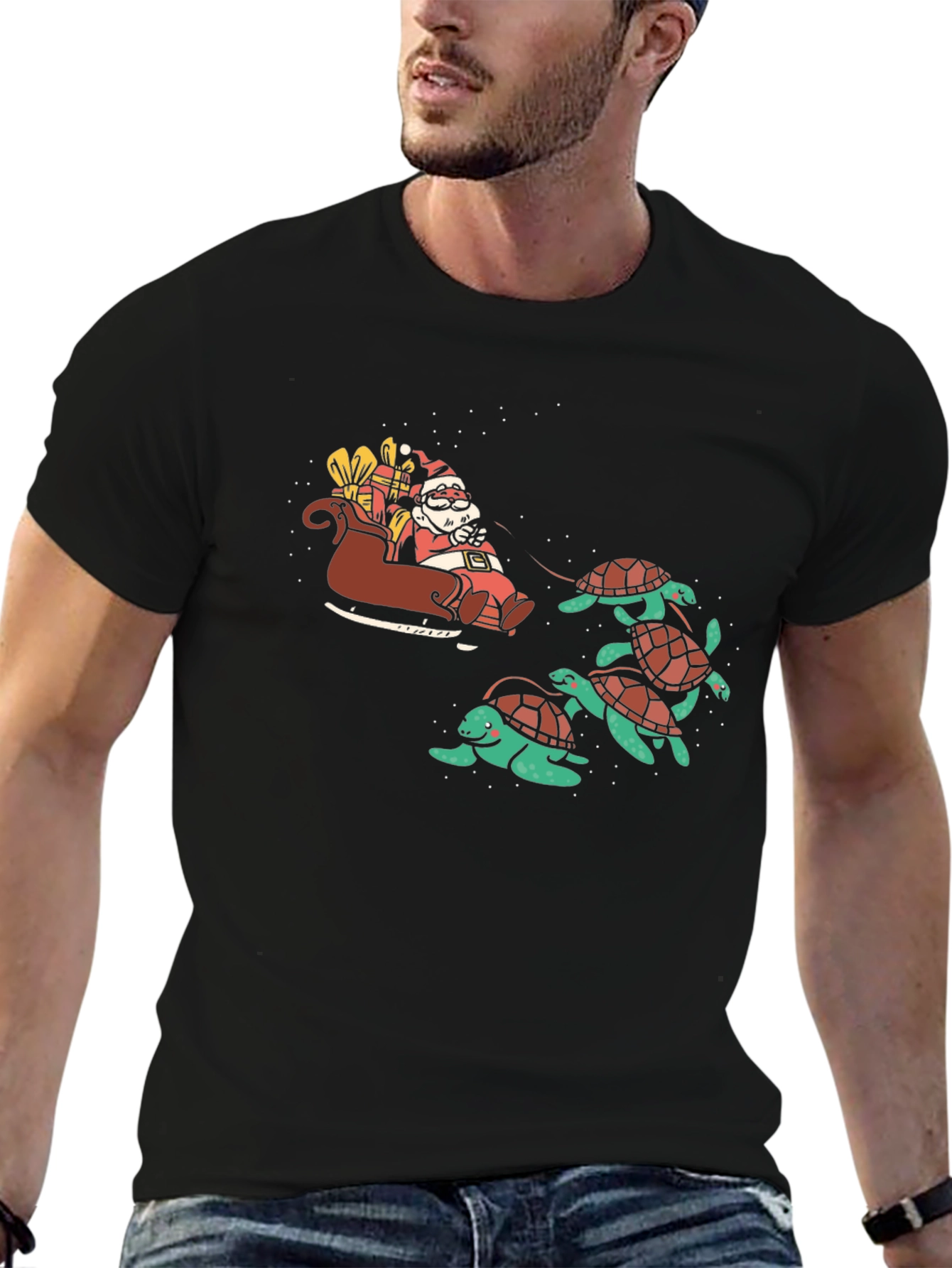 Santa Turtle Sleigh Black Graphic Tee