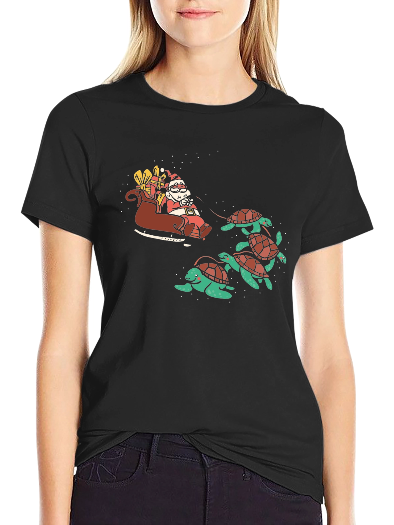 Santa Turtle Sleigh Black Graphic Tee