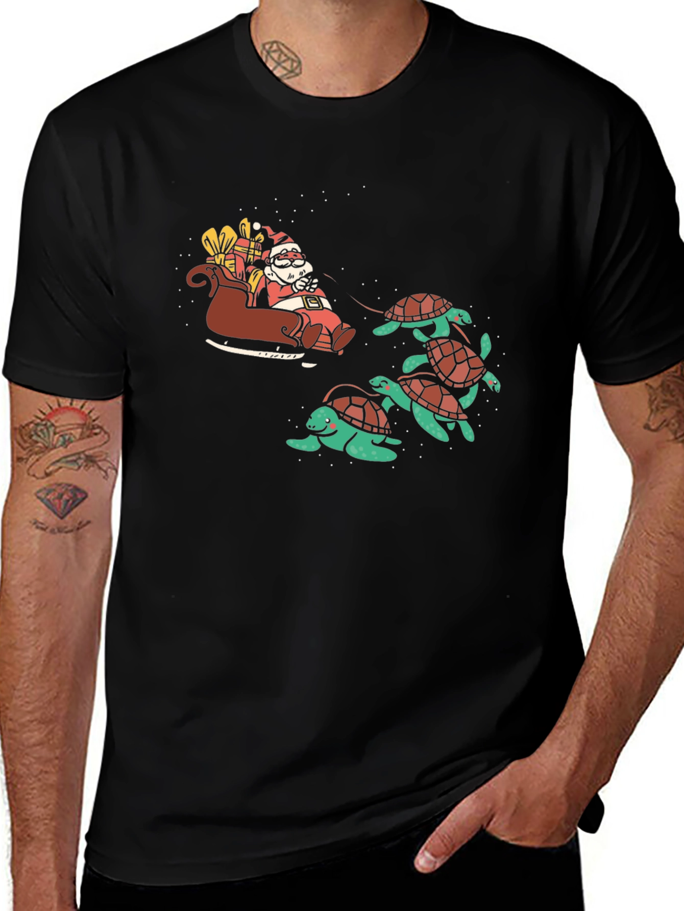 Santa Turtle Sleigh Black Graphic Tee