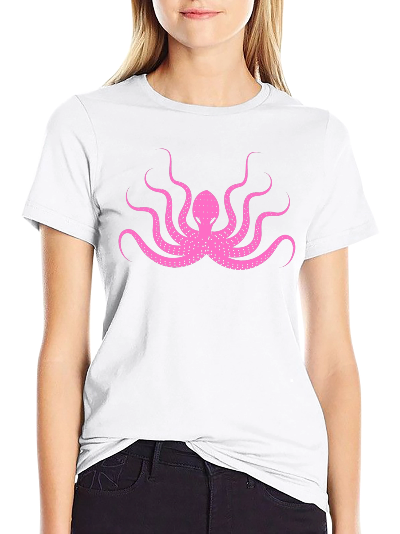 Pink Octopus Graphic Print Black T-Shirt