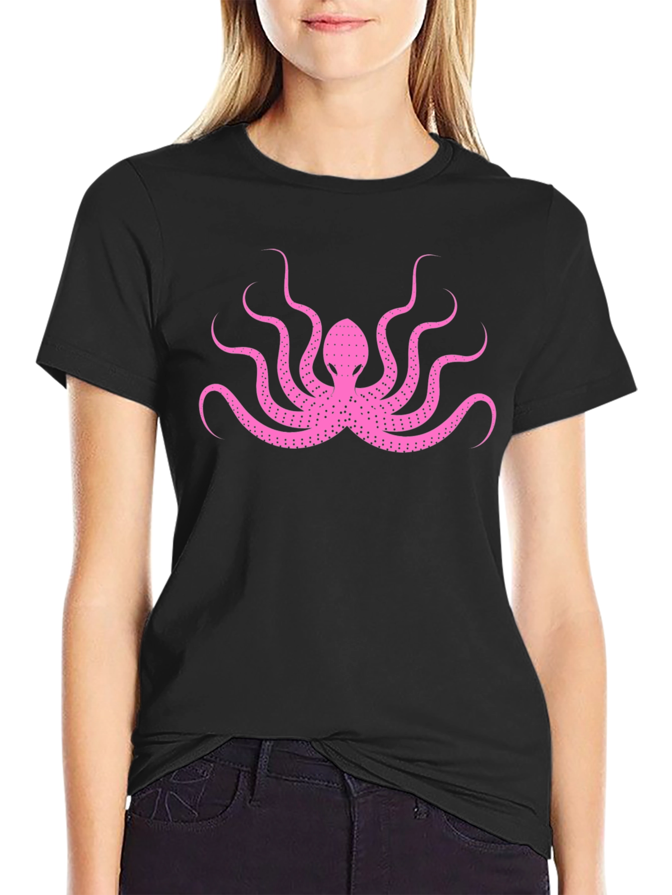 Pink Octopus Graphic Print Black T-Shirt