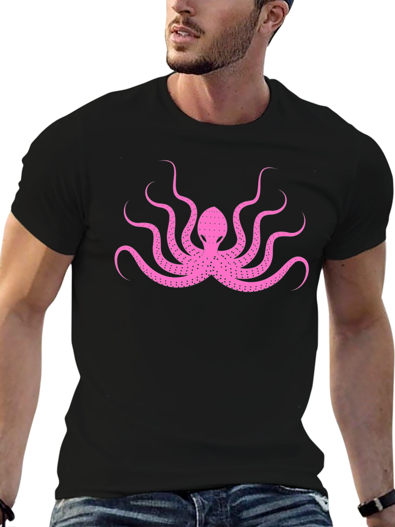Pink Octopus Graphic Print Black T-Shirt