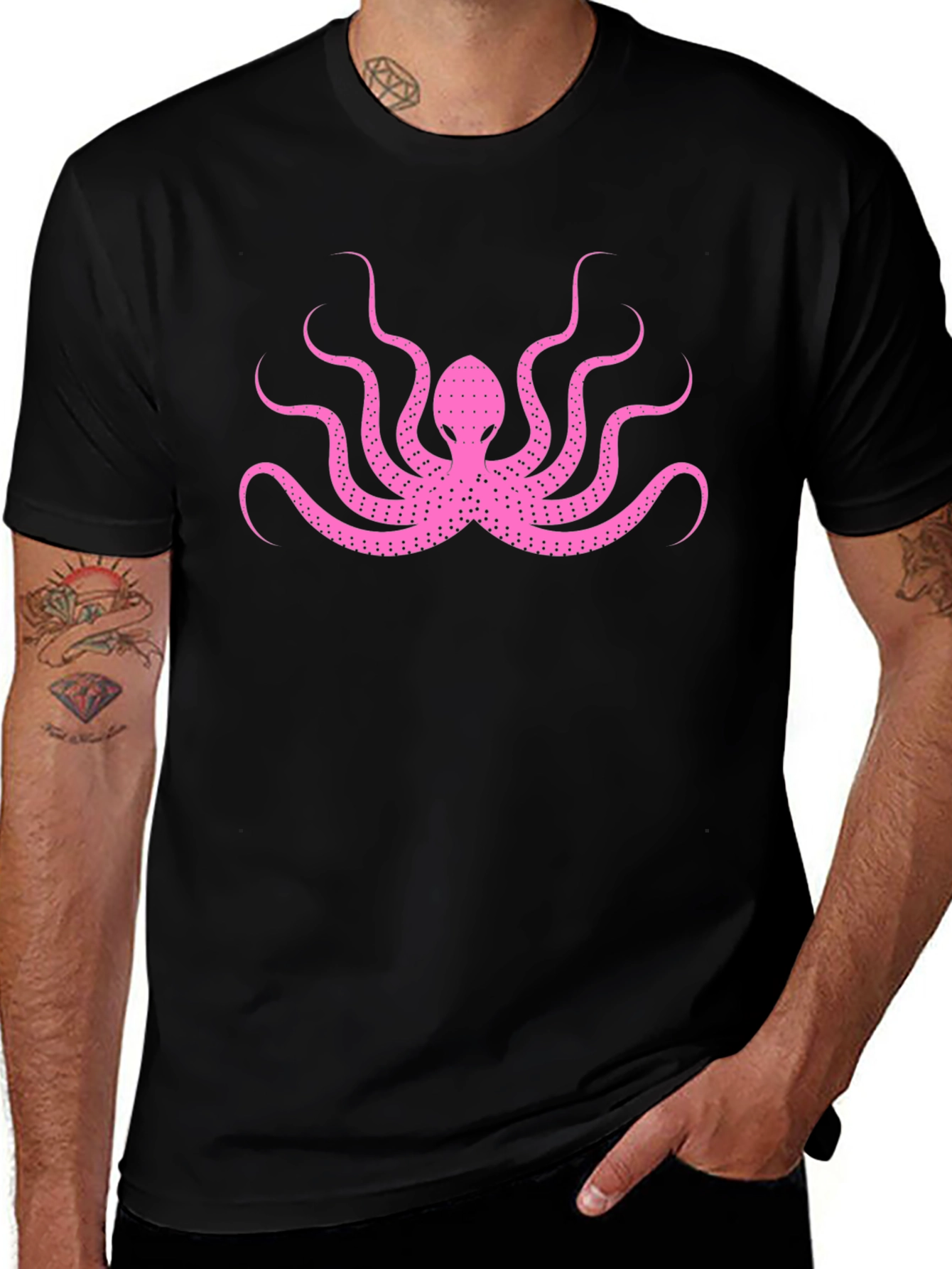 Pink Octopus Graphic Print Black T-Shirt