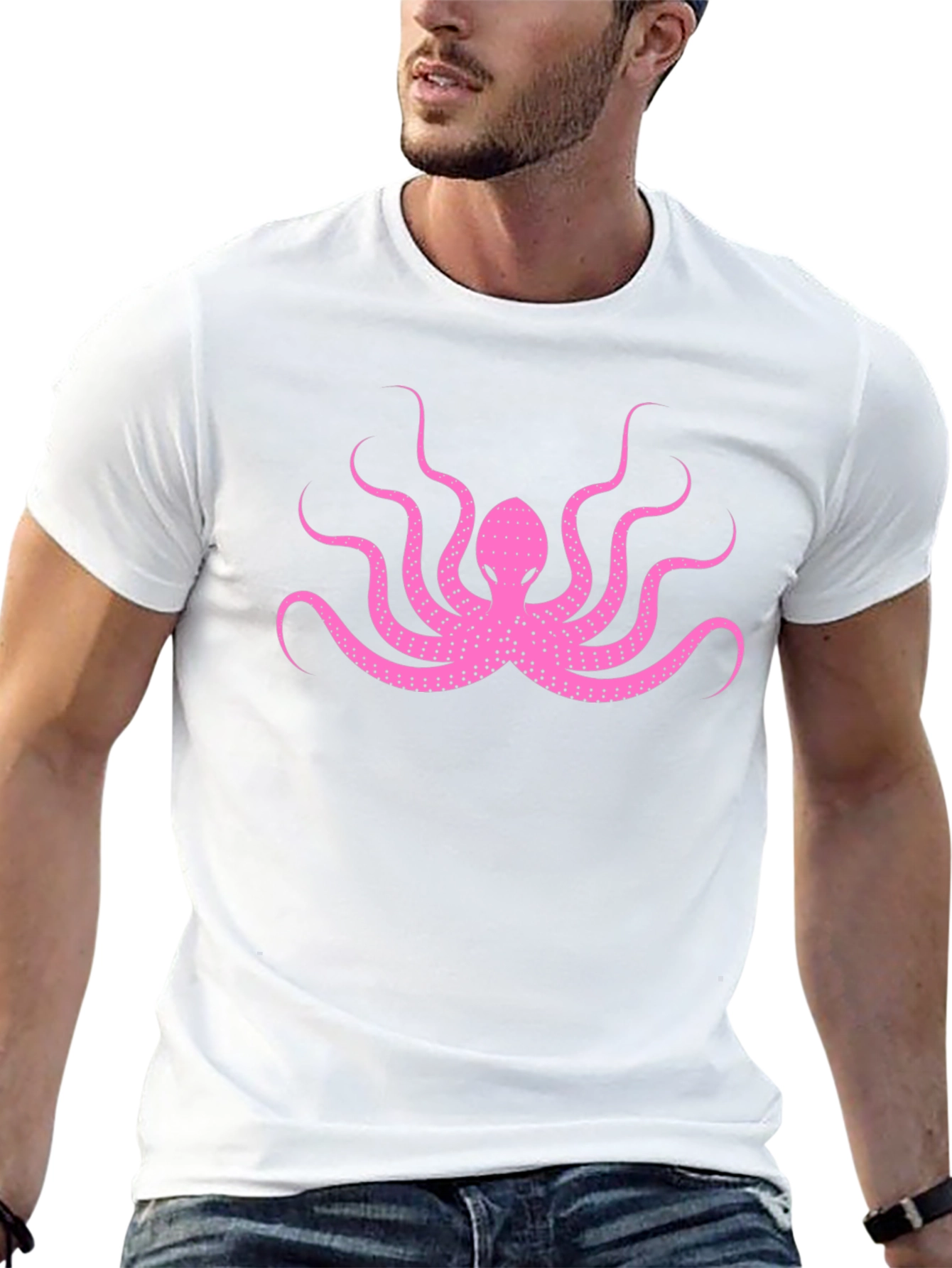 Pink Octopus Graphic Print Black T-Shirt