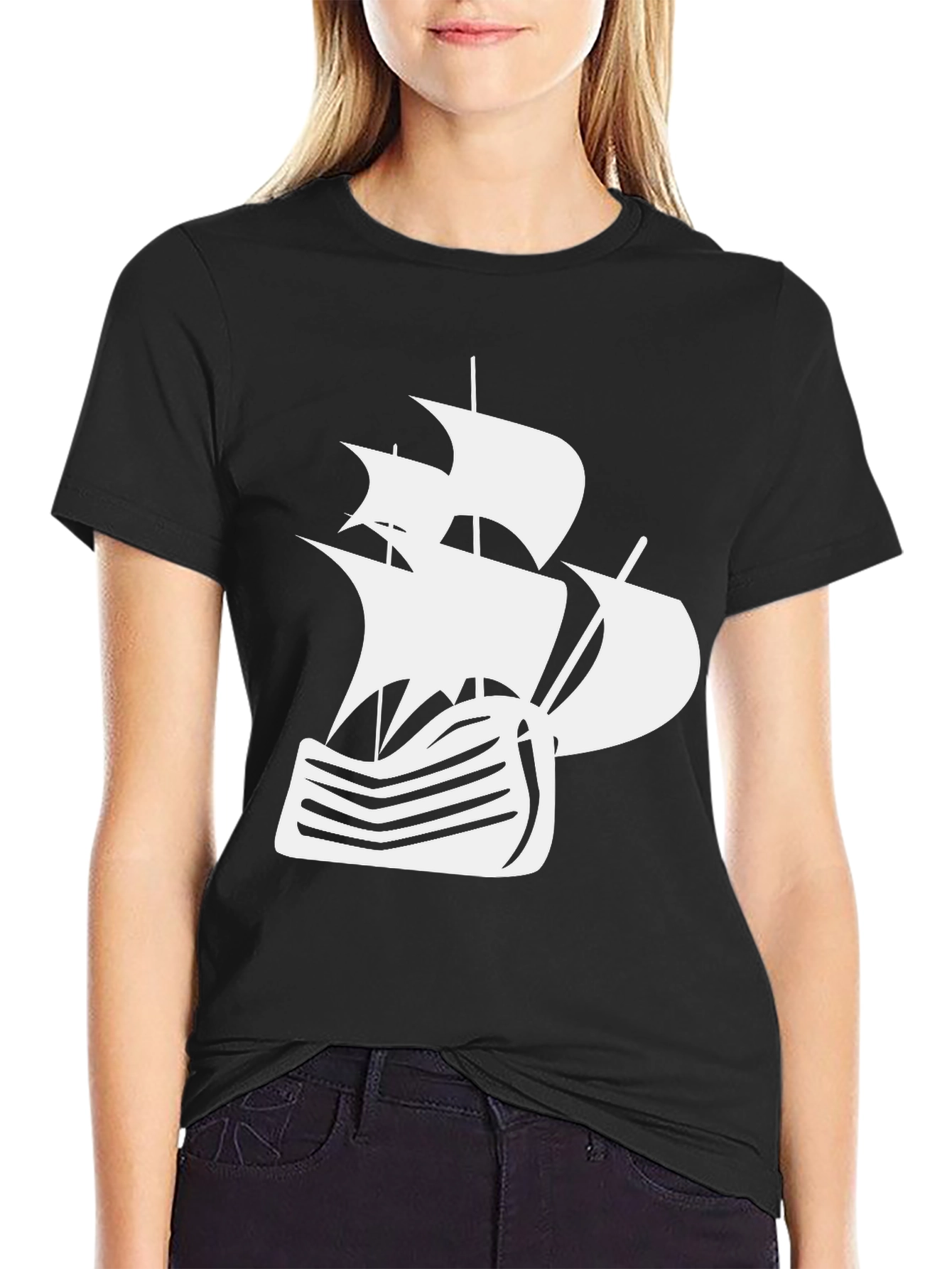 Nautical Ship Graphic Tee - Black Cotton T-Shirt