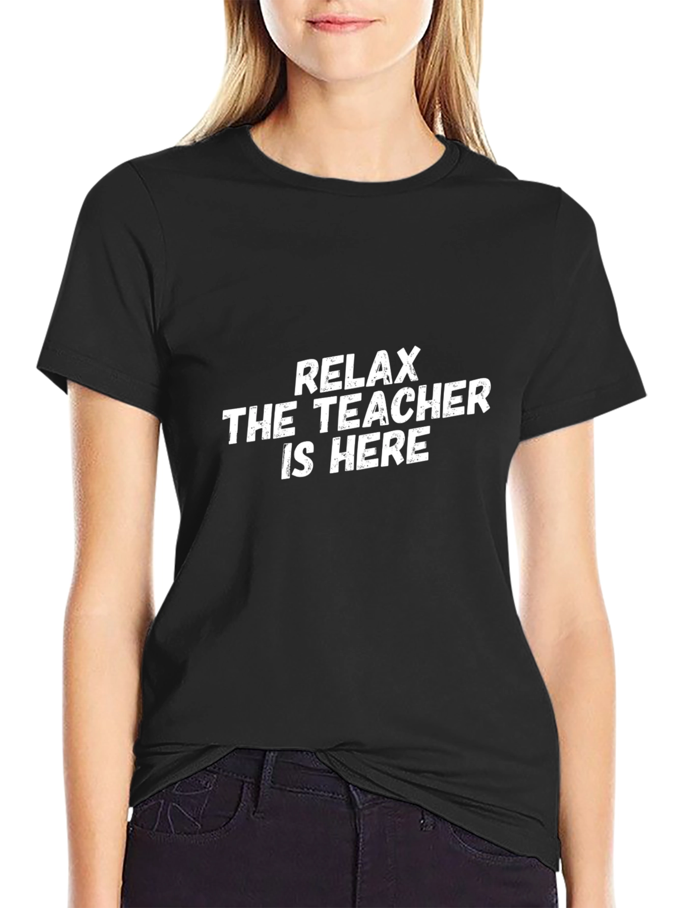 Relax the Teacher is Here Black Graphic Tee