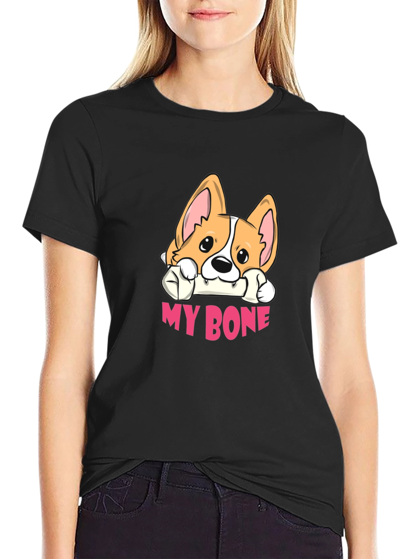 Cute Corgi My Bone Black T-Shirt