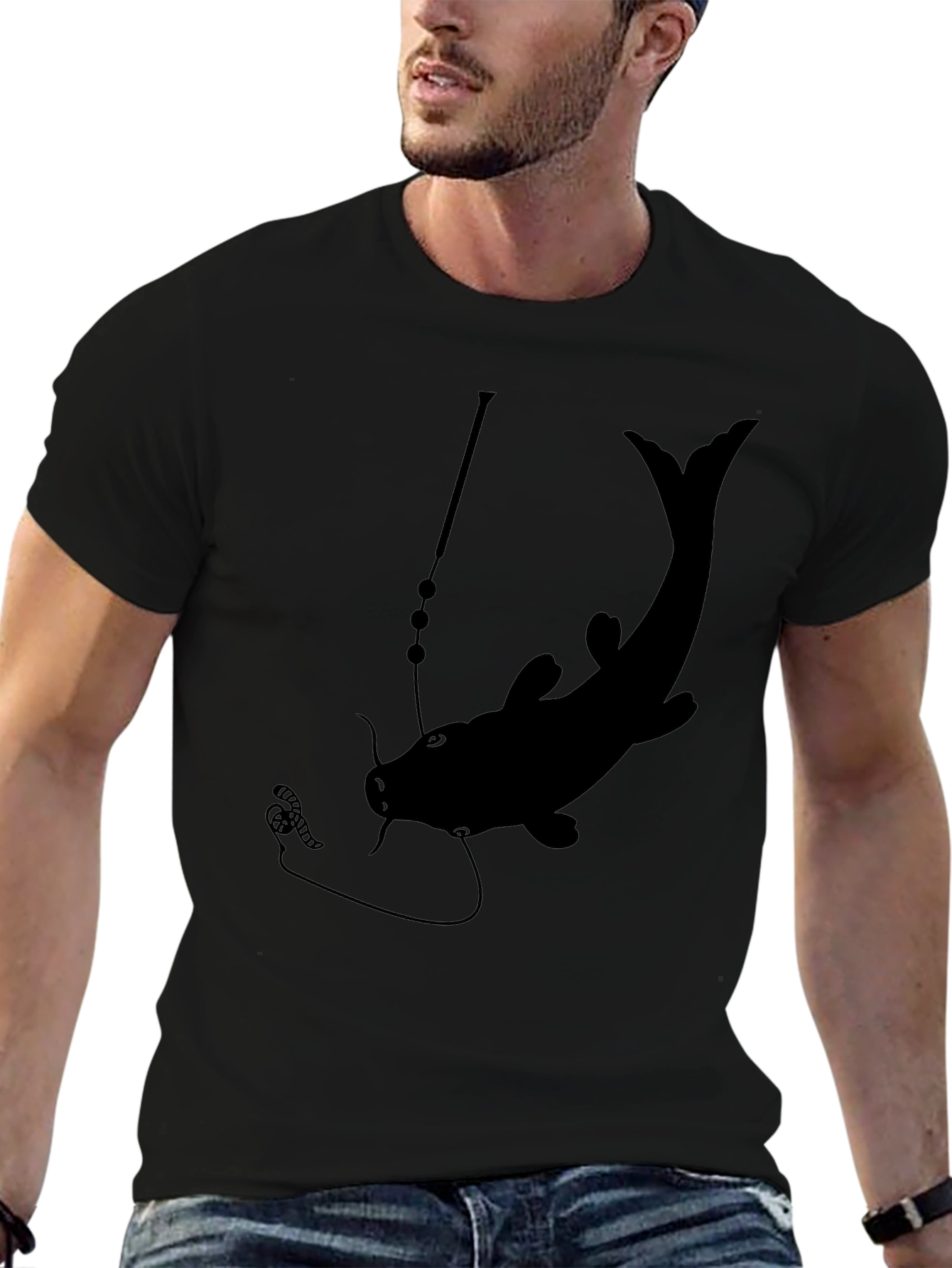 Mens Black Catfish Fishing Graphic T-Shirt