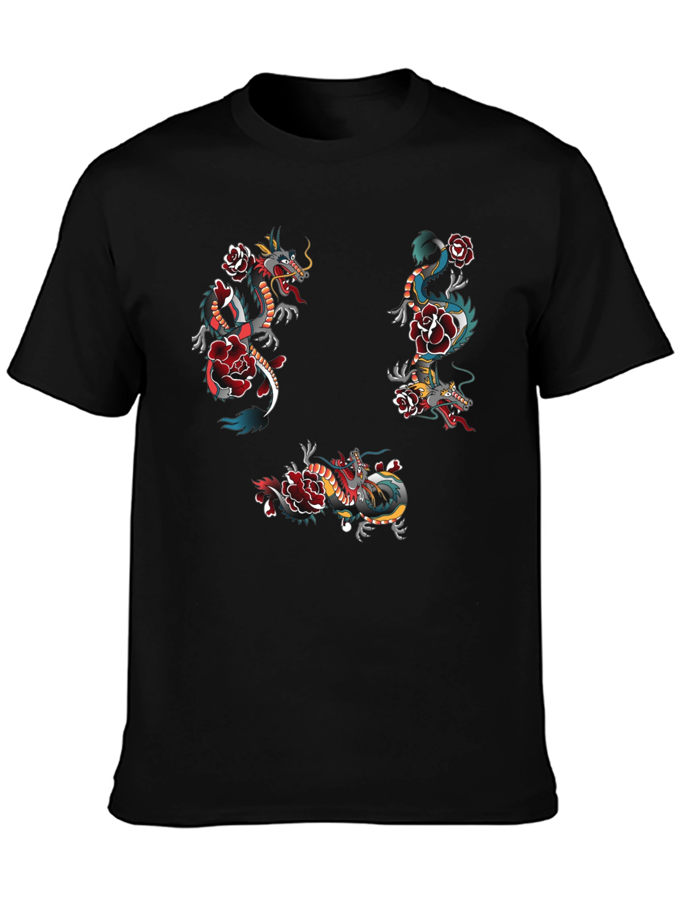 Dragon & Rose Graphic Print Black T-Shirt