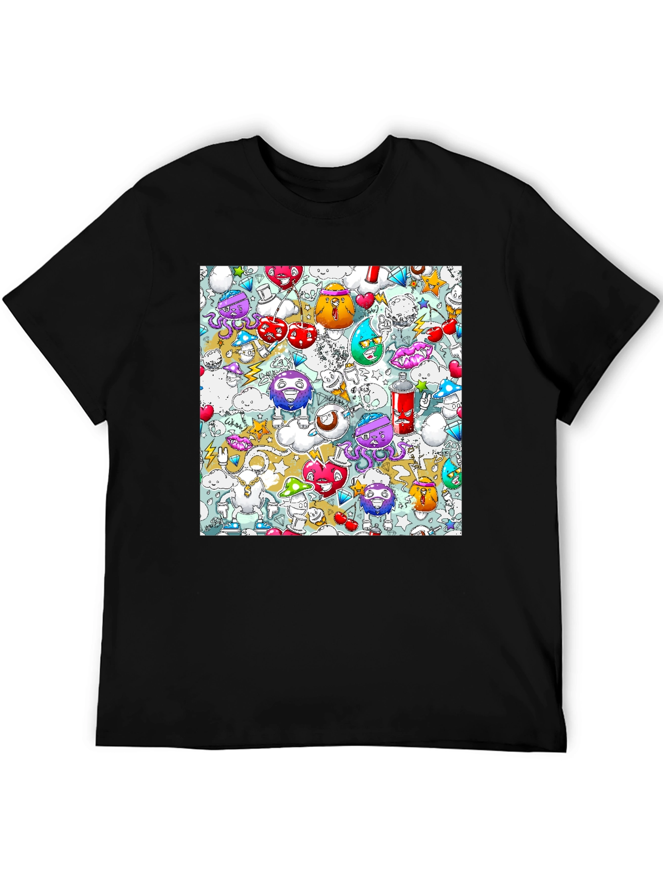 Cartoon Graffiti Print Black Cotton T-Shirt