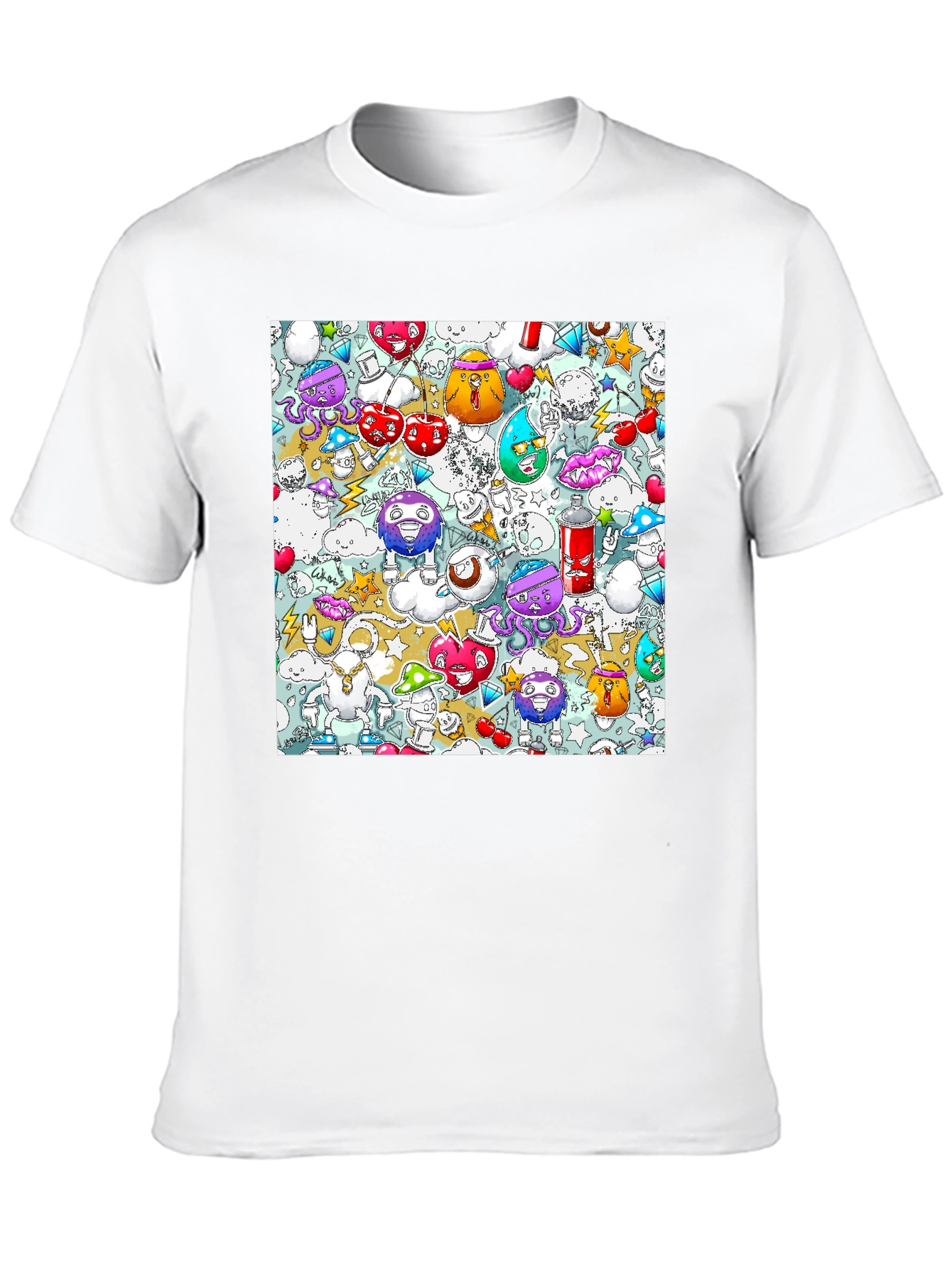 Cartoon Graffiti Print Black Cotton T-Shirt