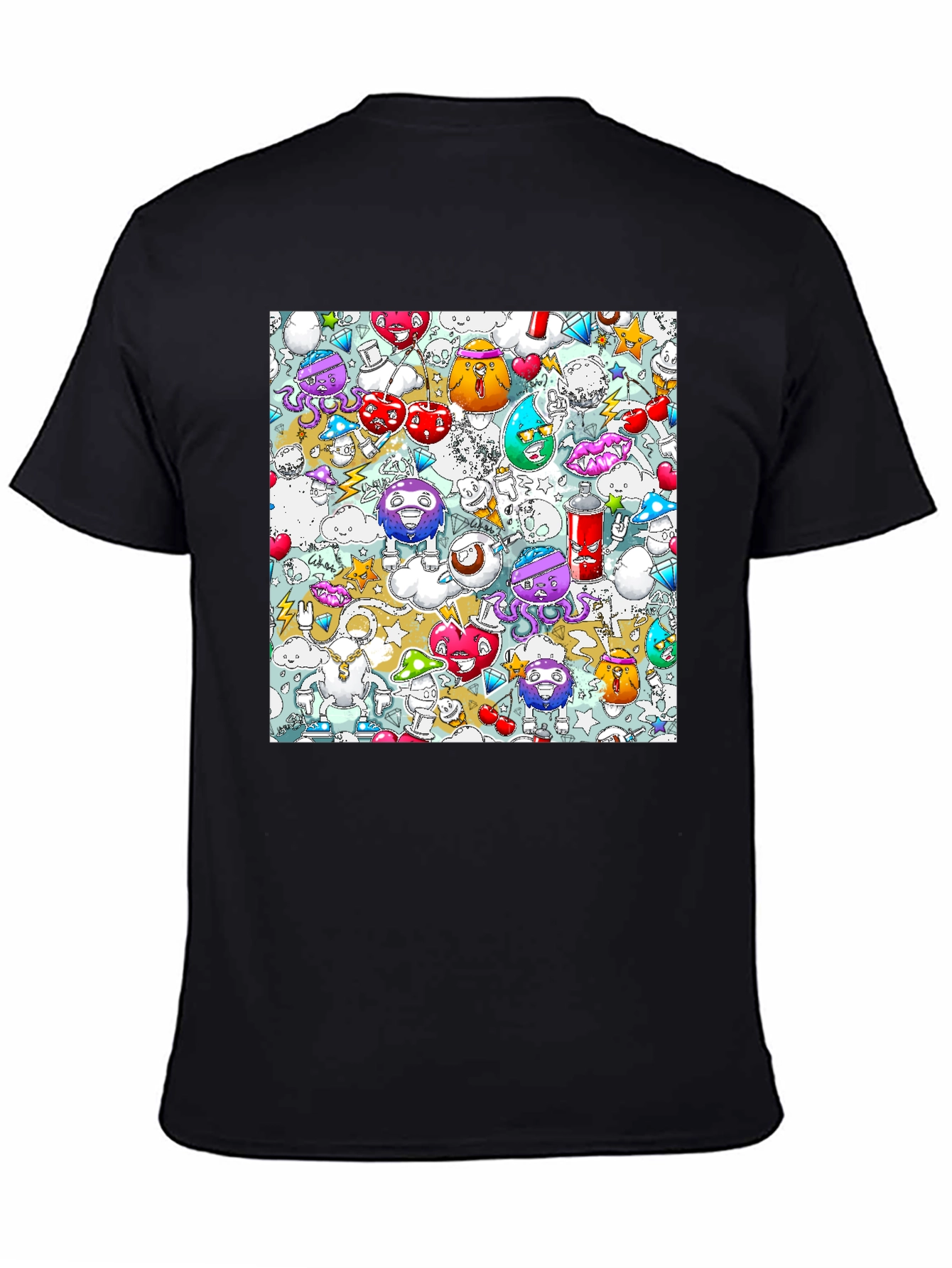 Cartoon Graffiti Print Black Cotton T-Shirt