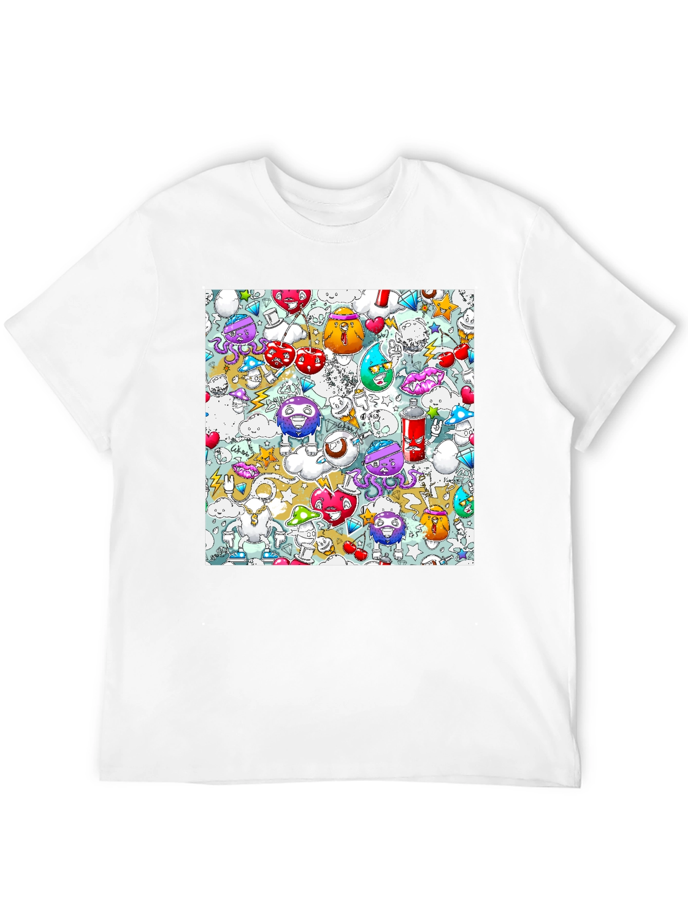 Cartoon Graffiti Print Black Cotton T-Shirt
