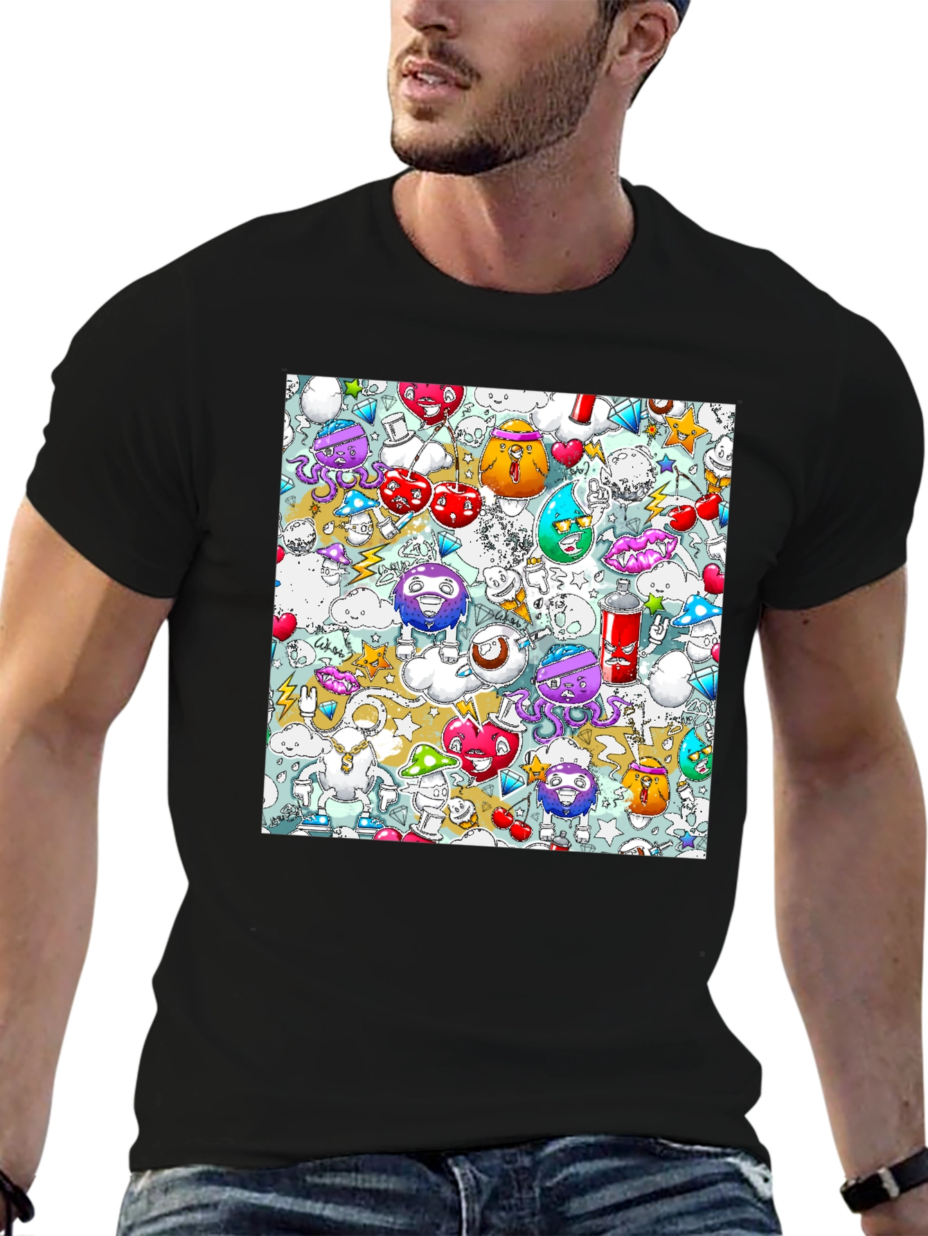 Cartoon Graffiti Print Black Cotton T-Shirt