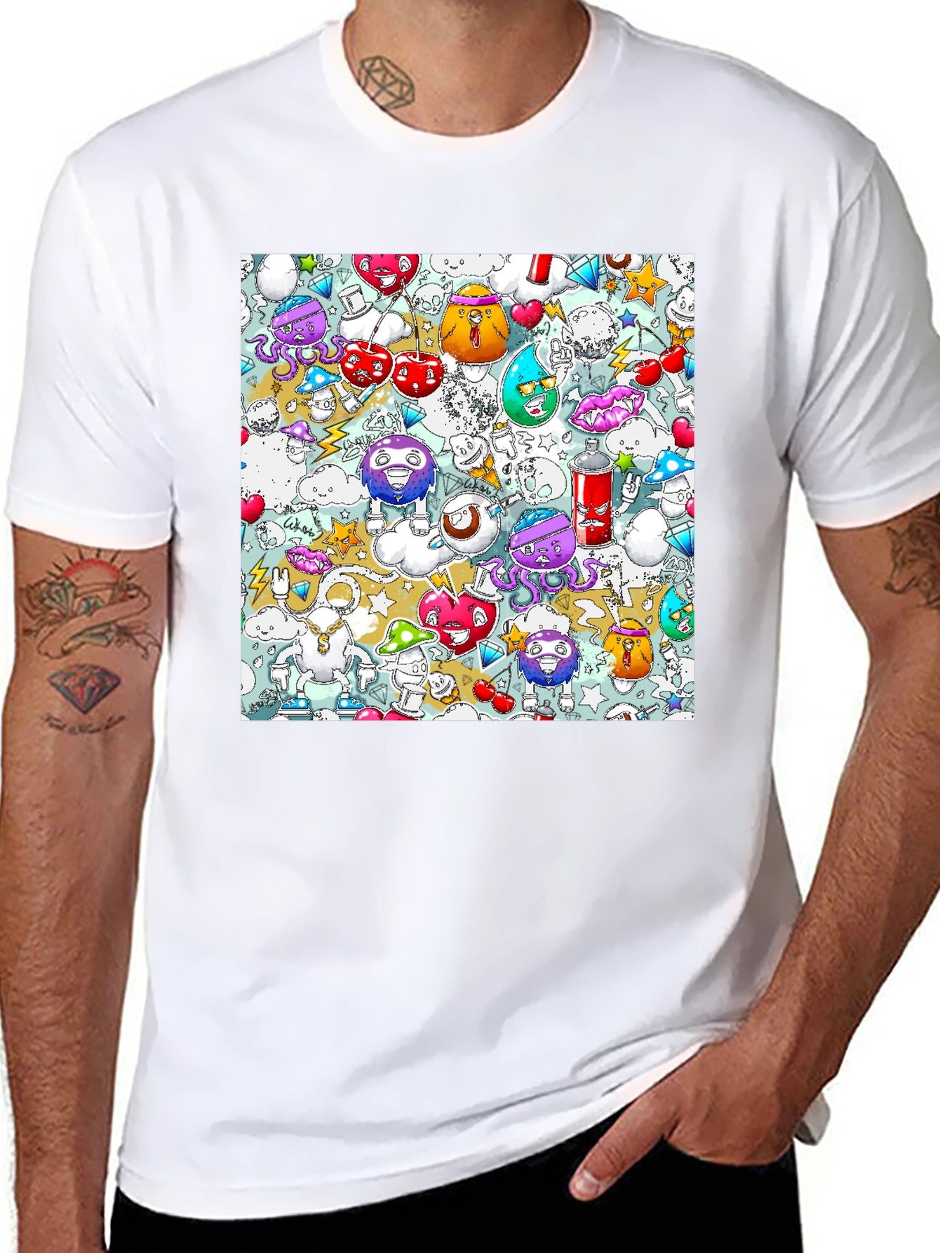 Cartoon Graffiti Print Black Cotton T-Shirt
