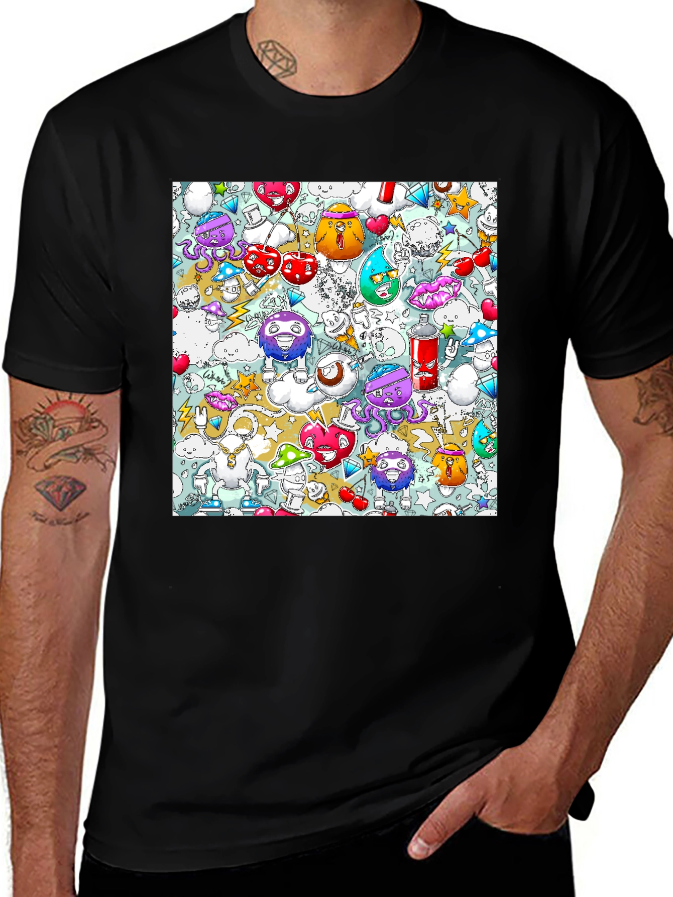 Cartoon Graffiti Print Black Cotton T-Shirt