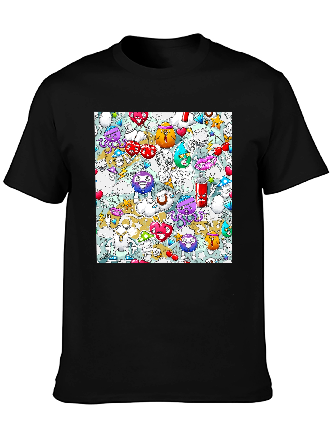 Cartoon Graffiti Print Black Cotton T-Shirt