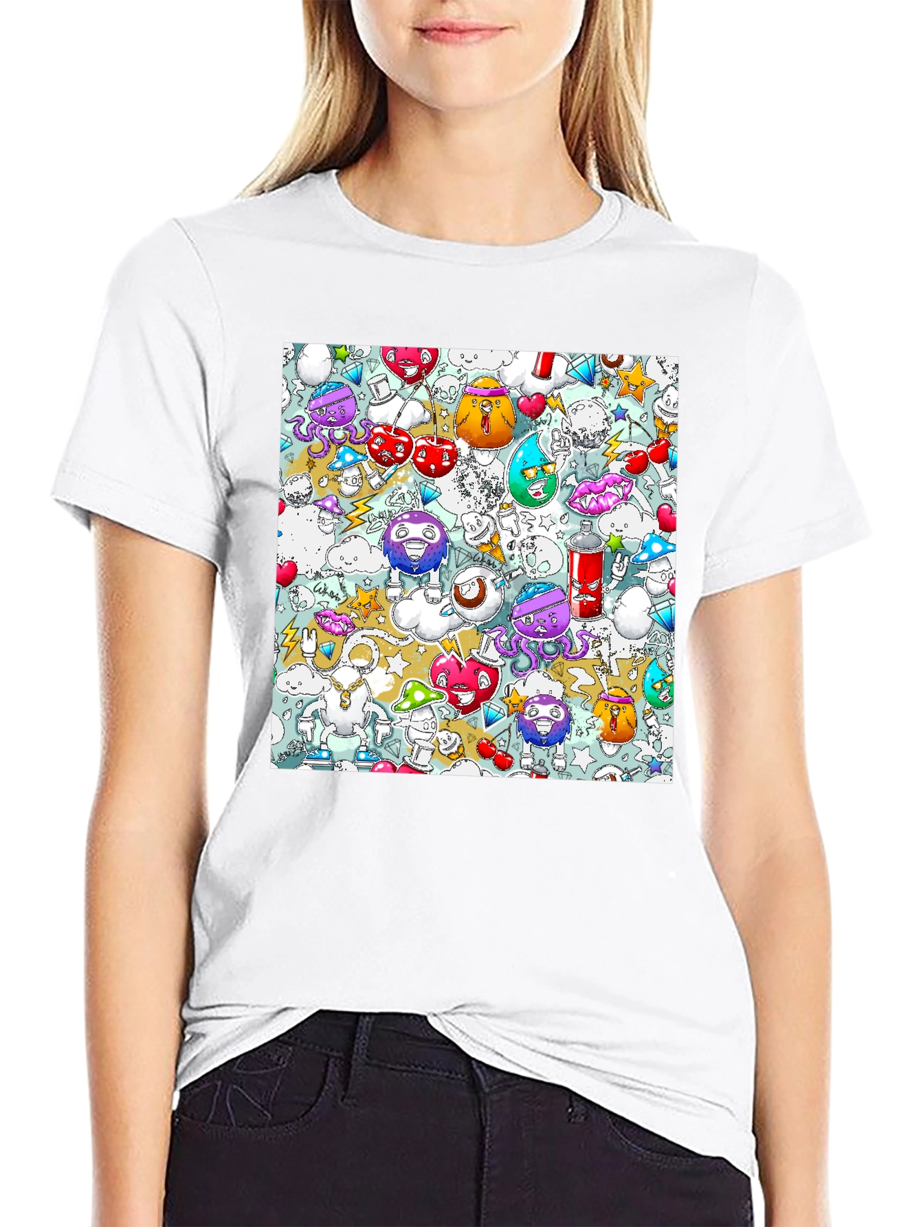 Cartoon Graffiti Print Black Cotton T-Shirt