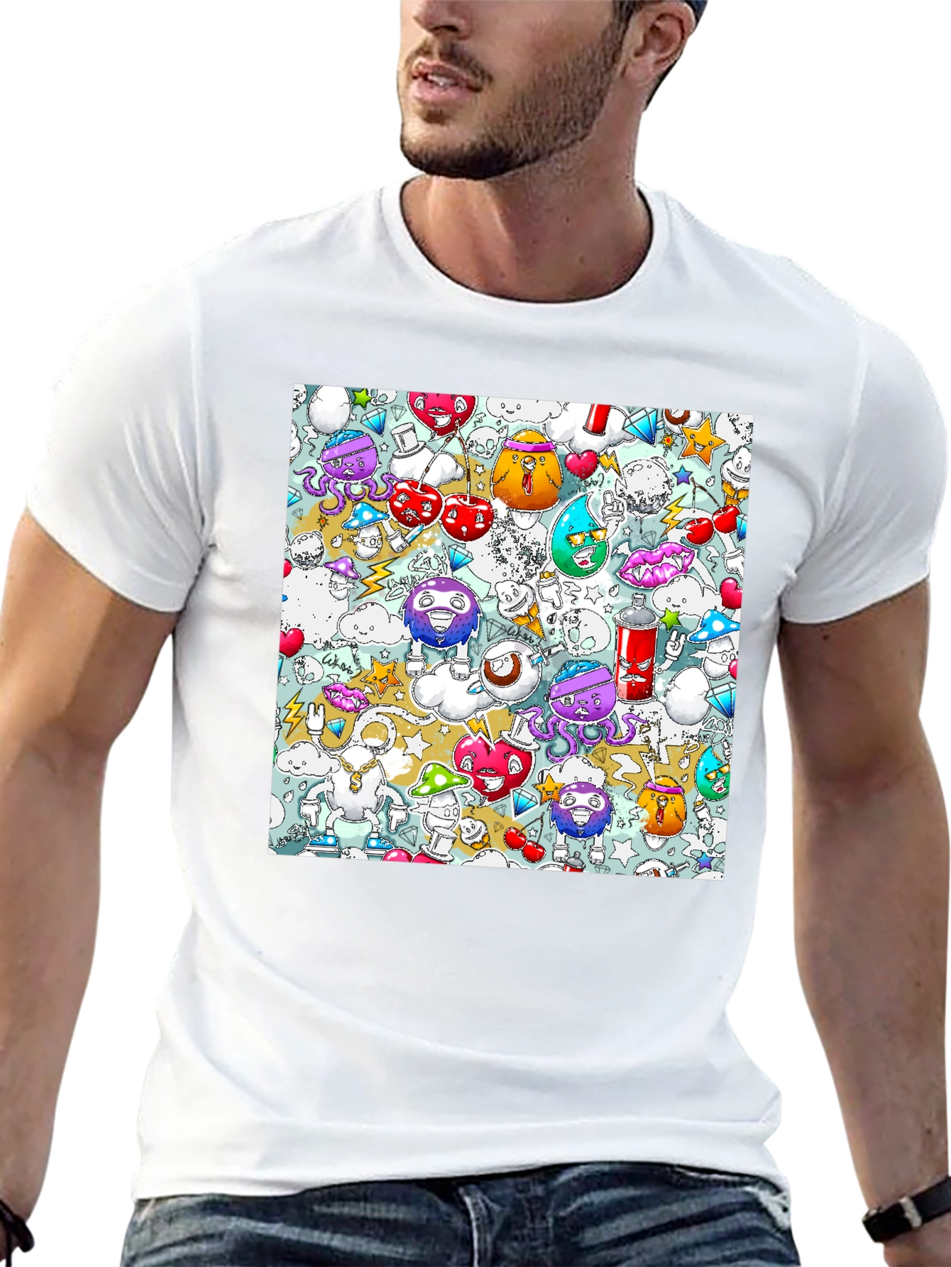 Cartoon Graffiti Print Black Cotton T-Shirt
