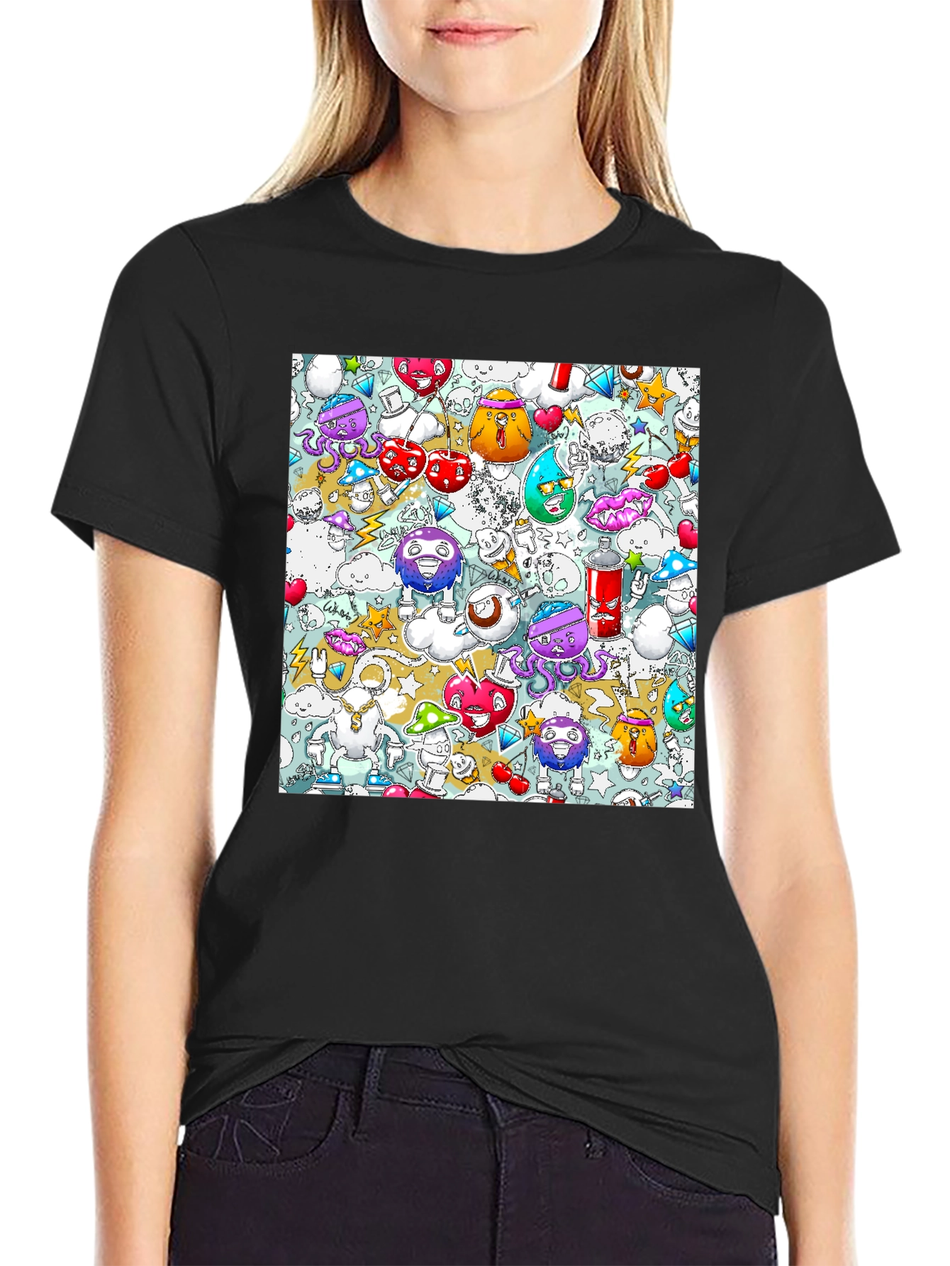 Cartoon Graffiti Print Black Cotton T-Shirt