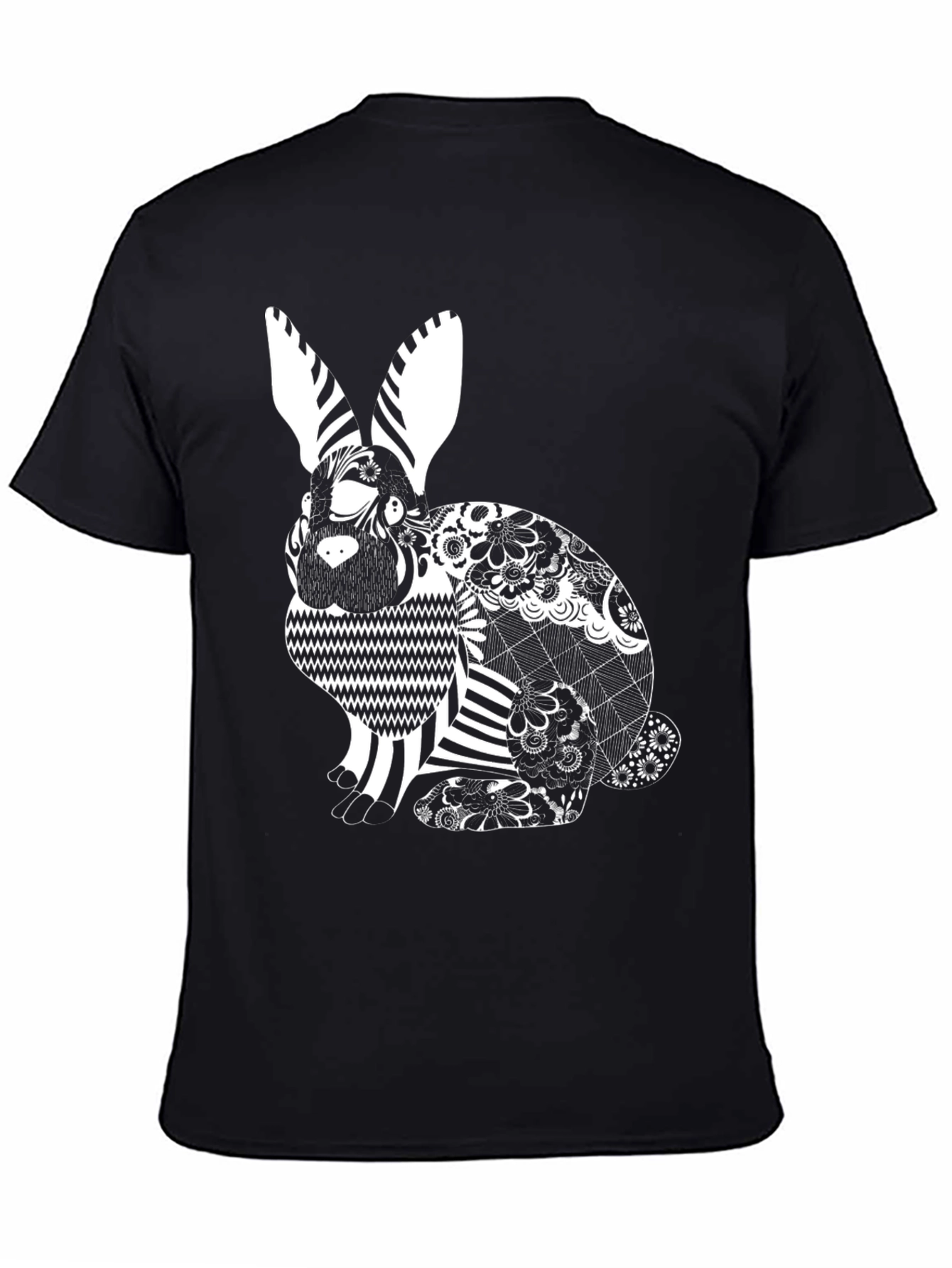 Black T-Shirt with Decorative Rabbit Design