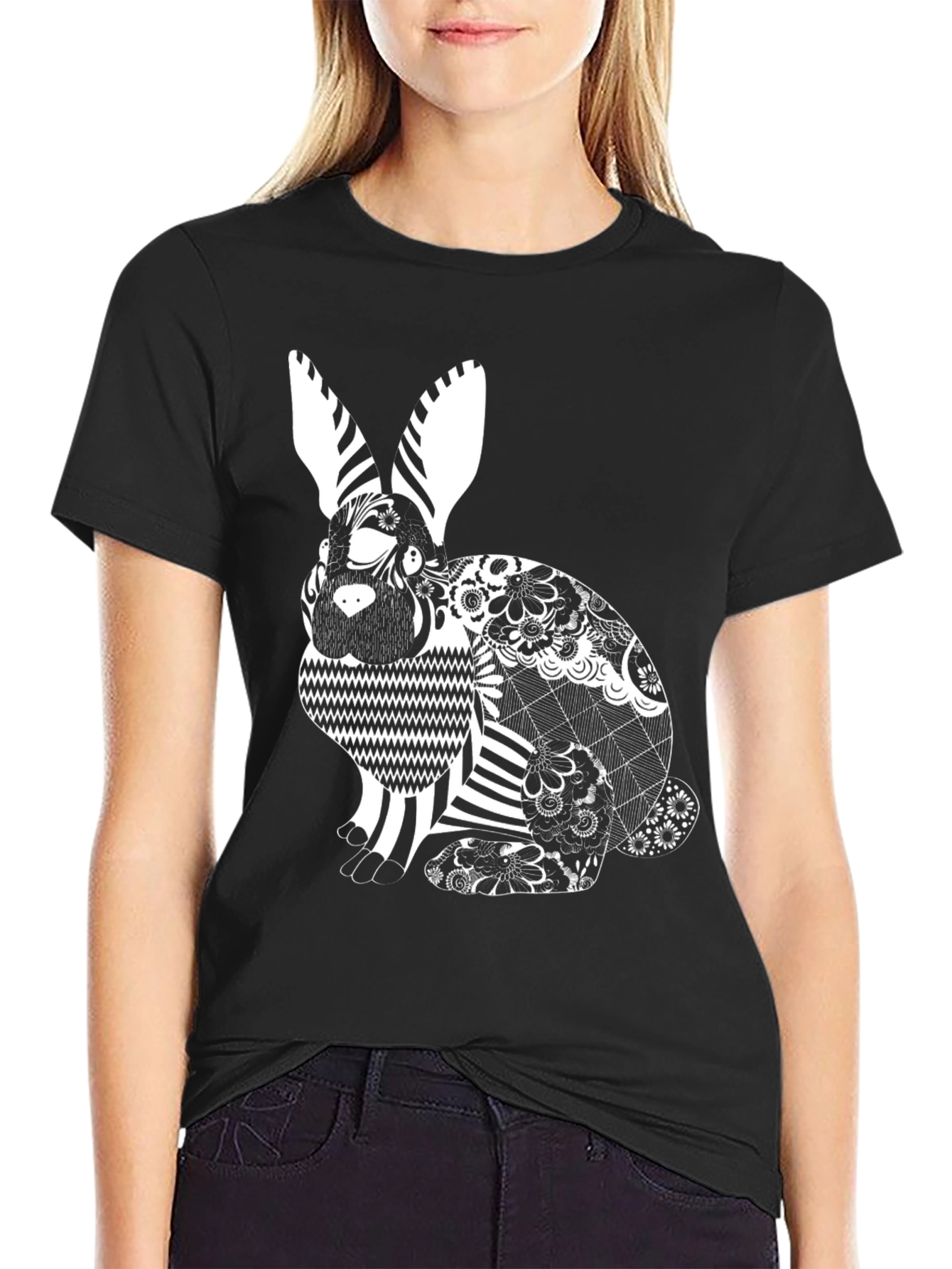 Black T-Shirt with Decorative Rabbit Design