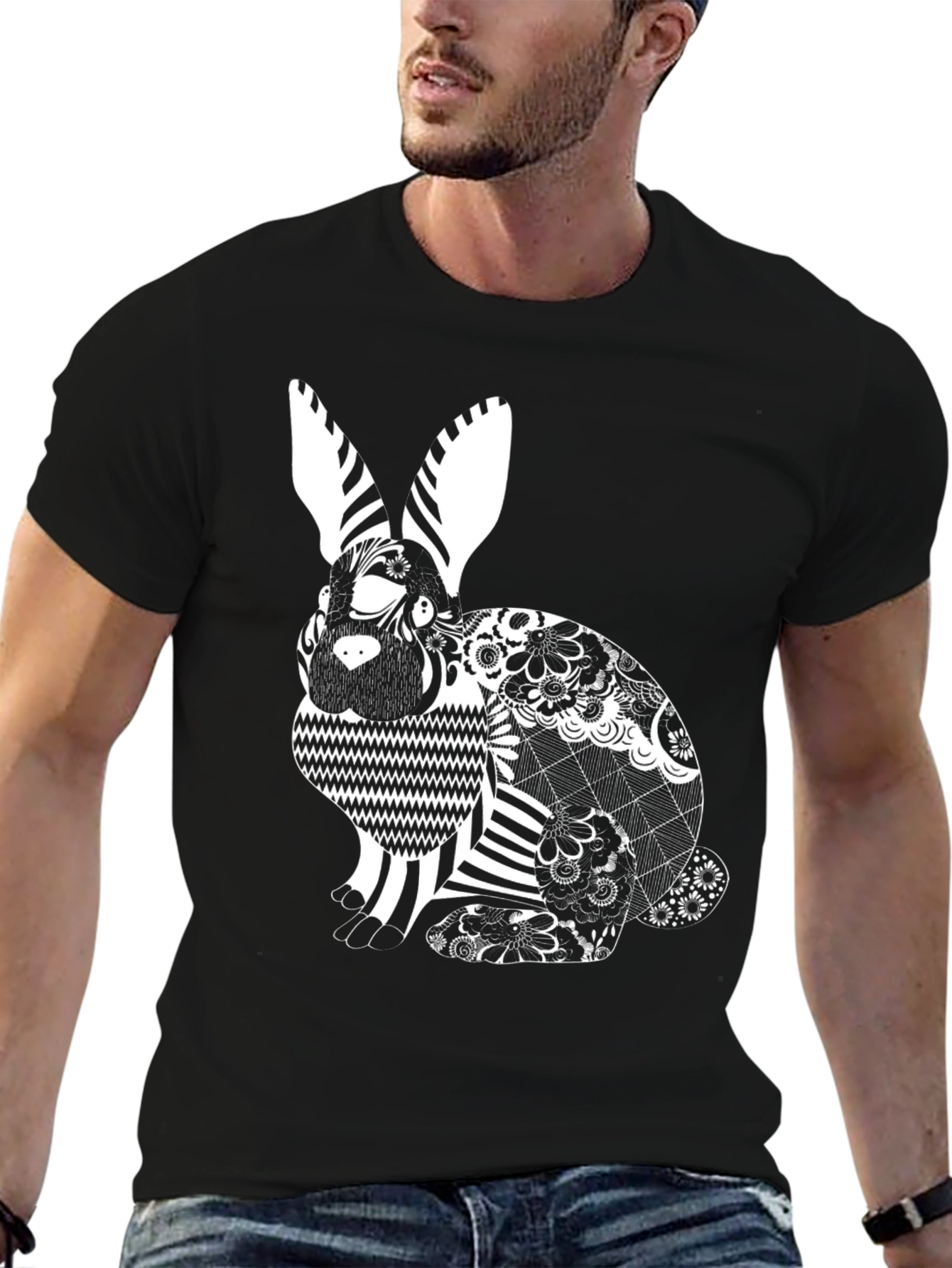 Black T-Shirt with Decorative Rabbit Design