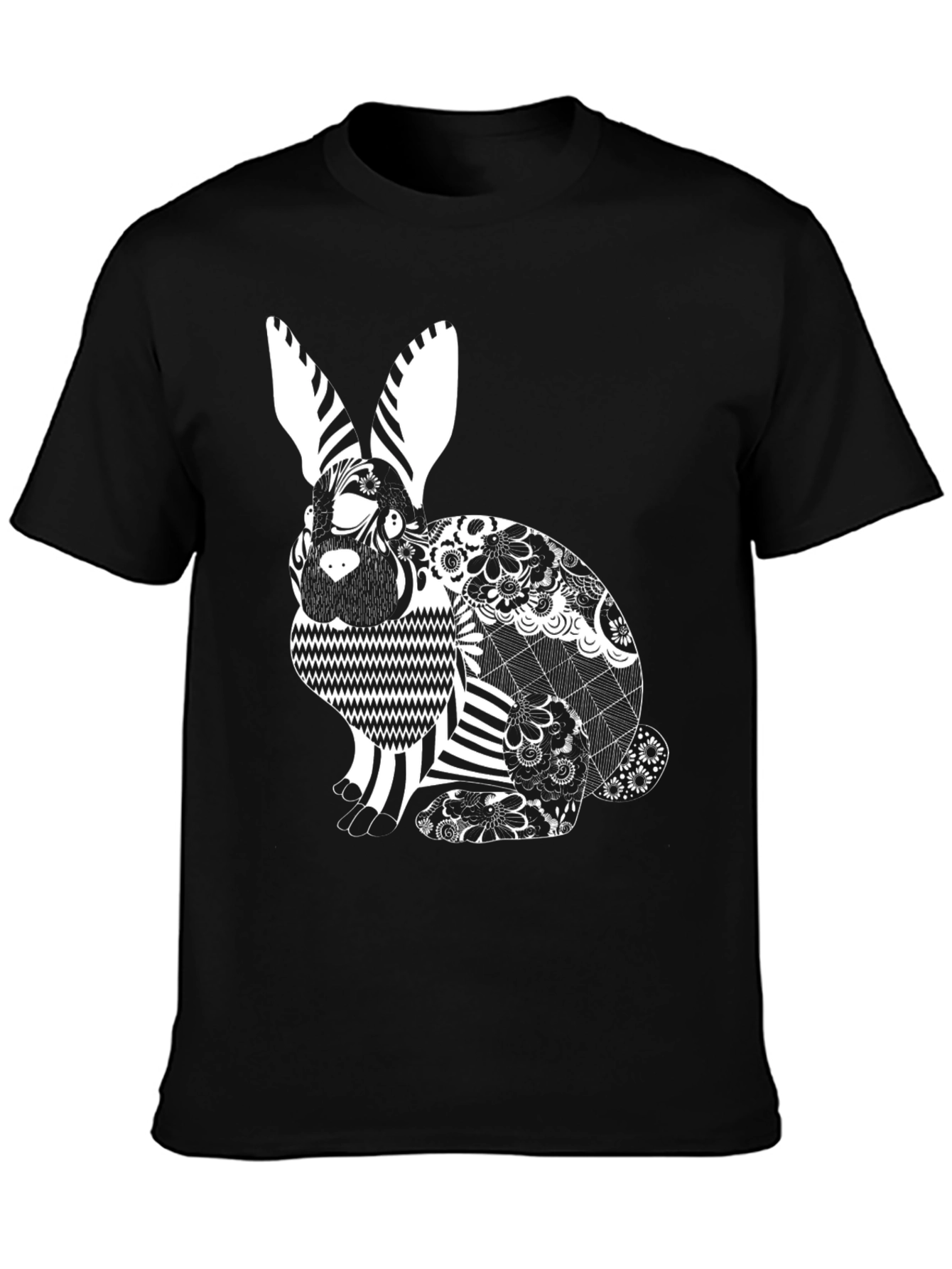 Black T-Shirt with Decorative Rabbit Design